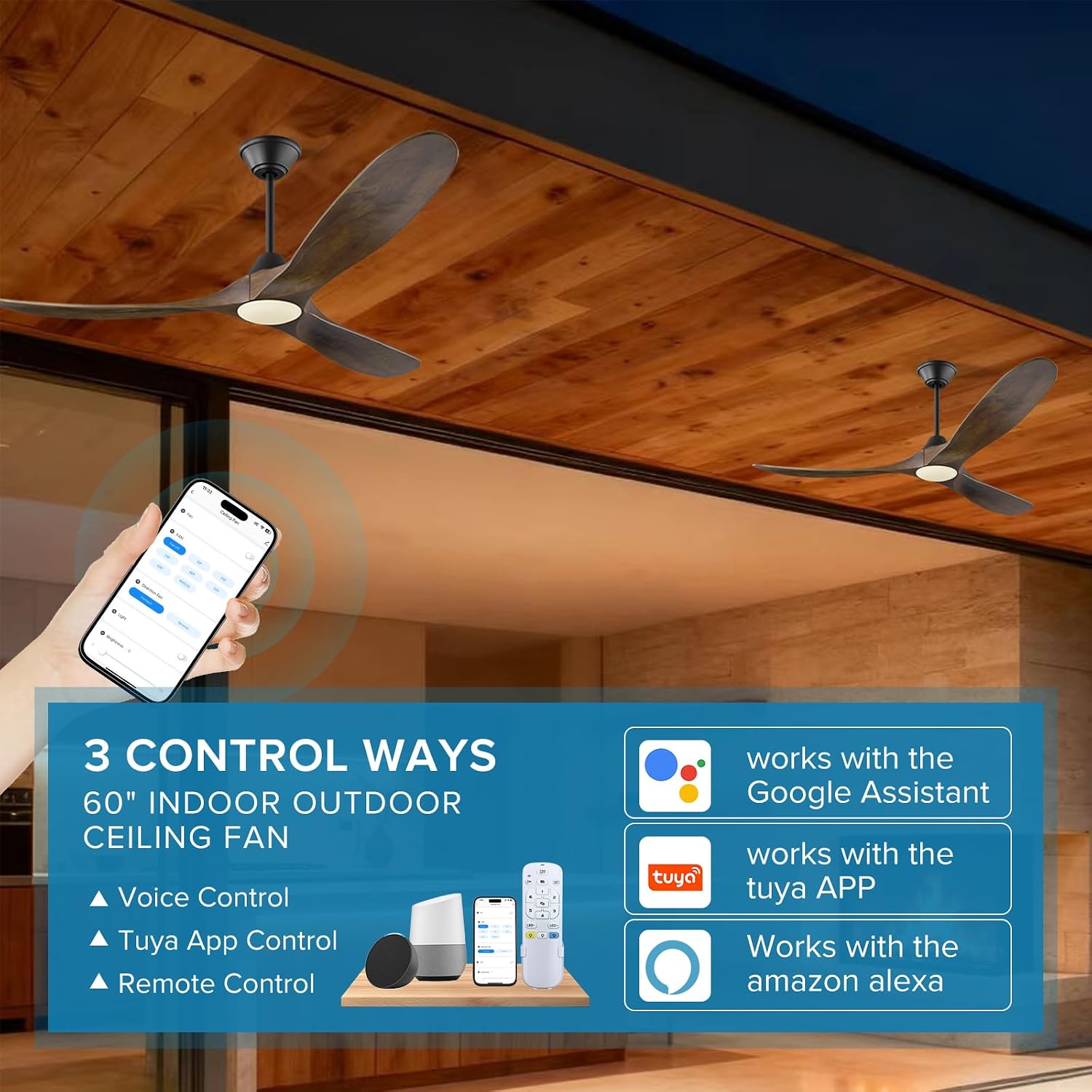 60 Inch Outdoor Ceiling Fan with Light, Damp Rated for Patio, Smart Alexa/App/Remote Control, 3 Walnut Wood Propeller Blades, High 8268 CFM Quiet DC Motor, Modern Farmhouse for Indoor Exterior Porch