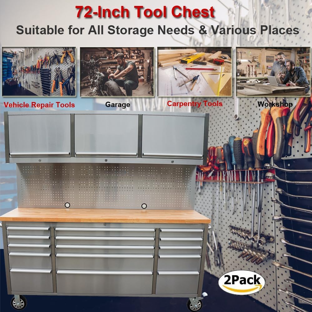 2 Pack - 72' Stainless Steel Rolling Tool Chest with 15 Drawers + 3 Upper Cabinets, Mobile Workbench, Assembled Large Tool Box Lockable Storage Cabinet with Wheels for Garage Workshop (2 × HTC7218W1)