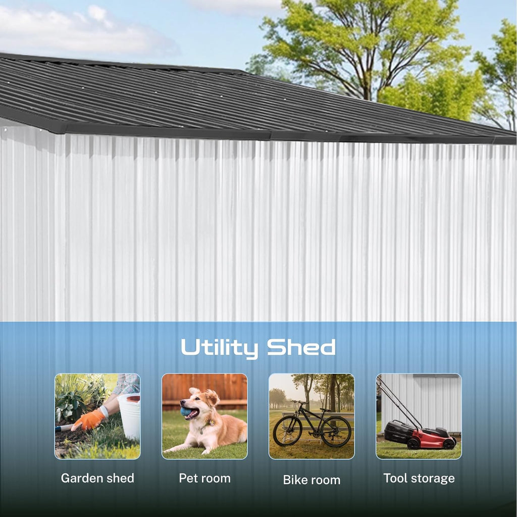 LINKHOO 10'x12' Metal Garden Shed, Outdoor Storage, White & Grey