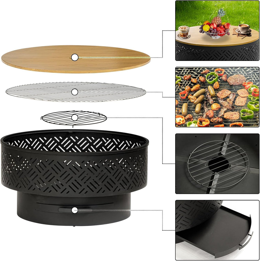 OutVue 32' Wood Burning Fire Pits with Grill & Lid, Fire Pit Table for Outside with Waterproof Cover & Fire Poker, Outdoor Firepit with Functions for BBQ,Table and Bonfire