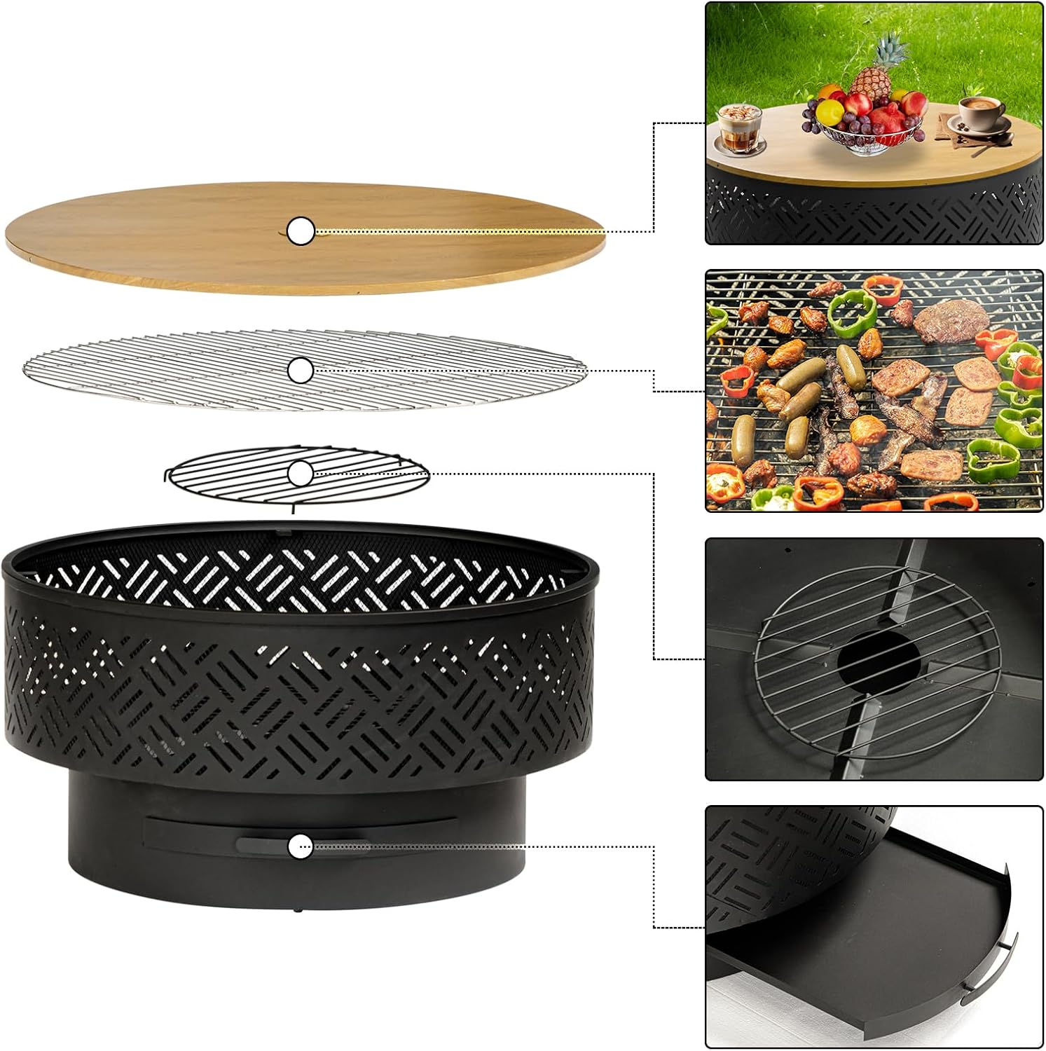 OutVue 32' Wood Burning Fire Pits with Grill & Lid, Fire Pit Table for Outside with Waterproof Cover & Fire Poker, Outdoor Firepit with Functions for BBQ,Table and Bonfire