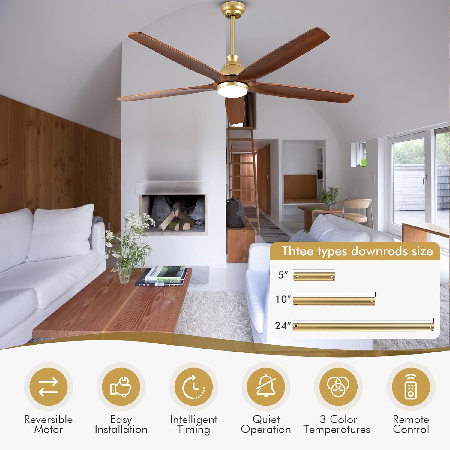 52 Inch Gold Ceiling Fans with Lights and Remote, 5 Blade Natural Solid Wood Ceiling Fan with Light Quiet DC Motor Fan, Farmhouse Ceiling Fans for Outdoor Patios Porch Gazebo Bedroom