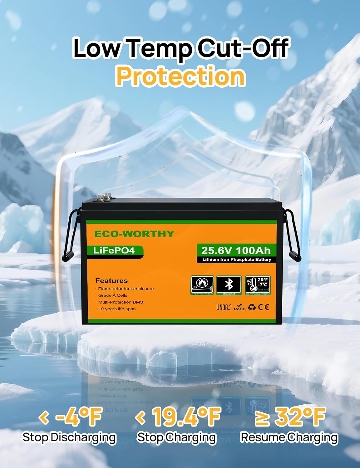 ECO-WORTHY 24V 100Ah LiFePO4 Lithium Battery, Upgraded Bluetooth Version, Deep Cycle Rechargeable Battery with Low-Temp Protection, 2560W Max for Off-Grid Solar, RV, Camper, Trolling Motor, Home Use