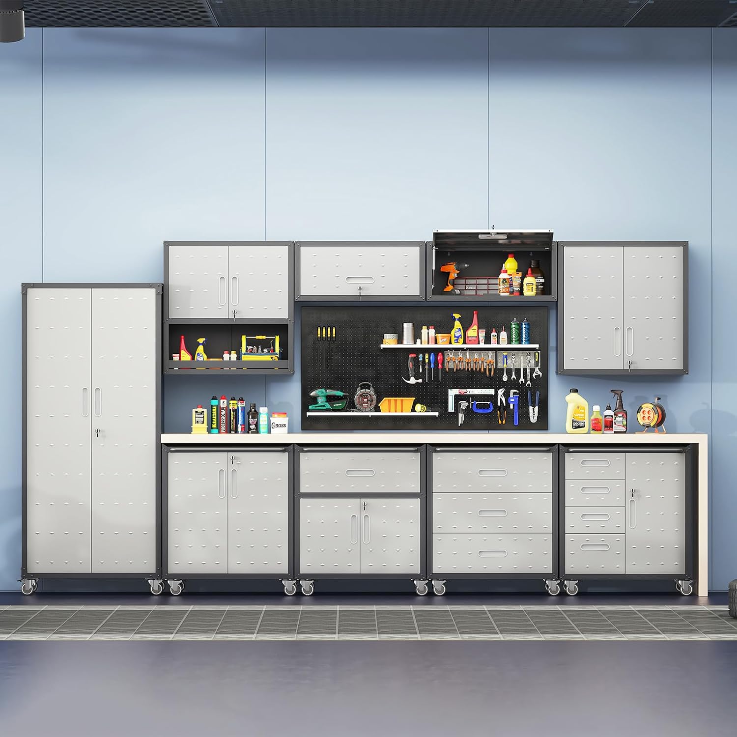 Metal Garage Cabinet on Wheels, Heavy Duty Steel Rolling Tool Cabinets with Drawers, Mobile Tool Cart Garage Storage Cabinets for Warehouse Basement, Assembly Required