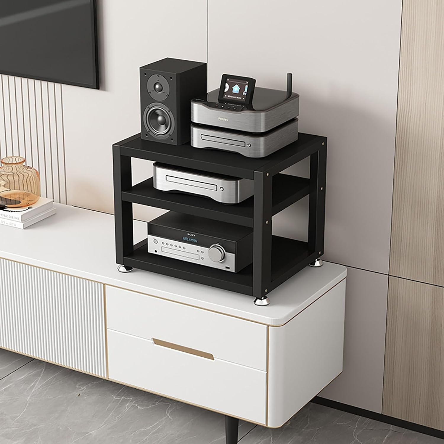 Portable Media Stand - Black Audio Rack for AV Storage, Corner Shelf for Living Room, Gaming Room, Recording Studio, Meeting Room, Bedroom - Compact 40x35x35.5cm Design