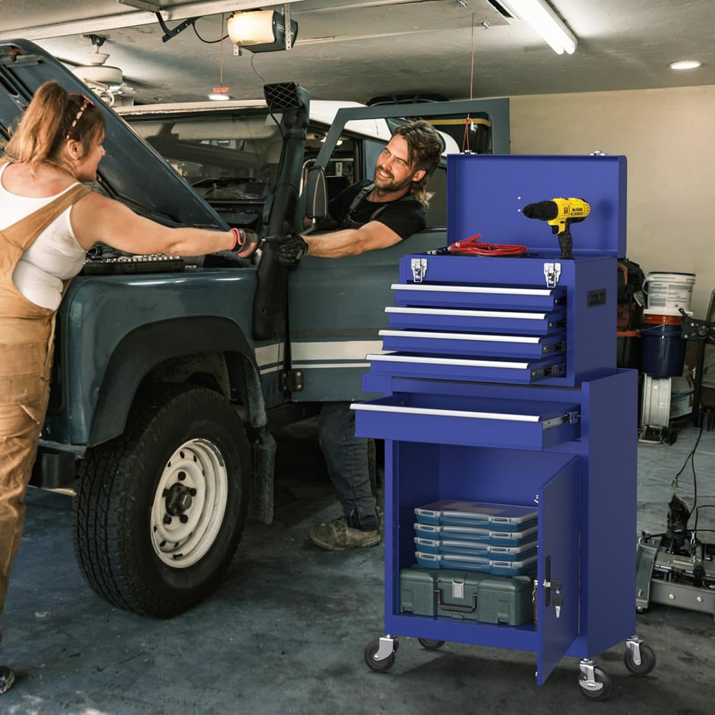 5-Drawers Tool Chest, 2-in-1 Rolling Tool Box with Wheels and Drawers, Detachable Storage Toolbox with Lock, Heavy-Duty Metal Tool Cart for Garage, Workshop (Blue)