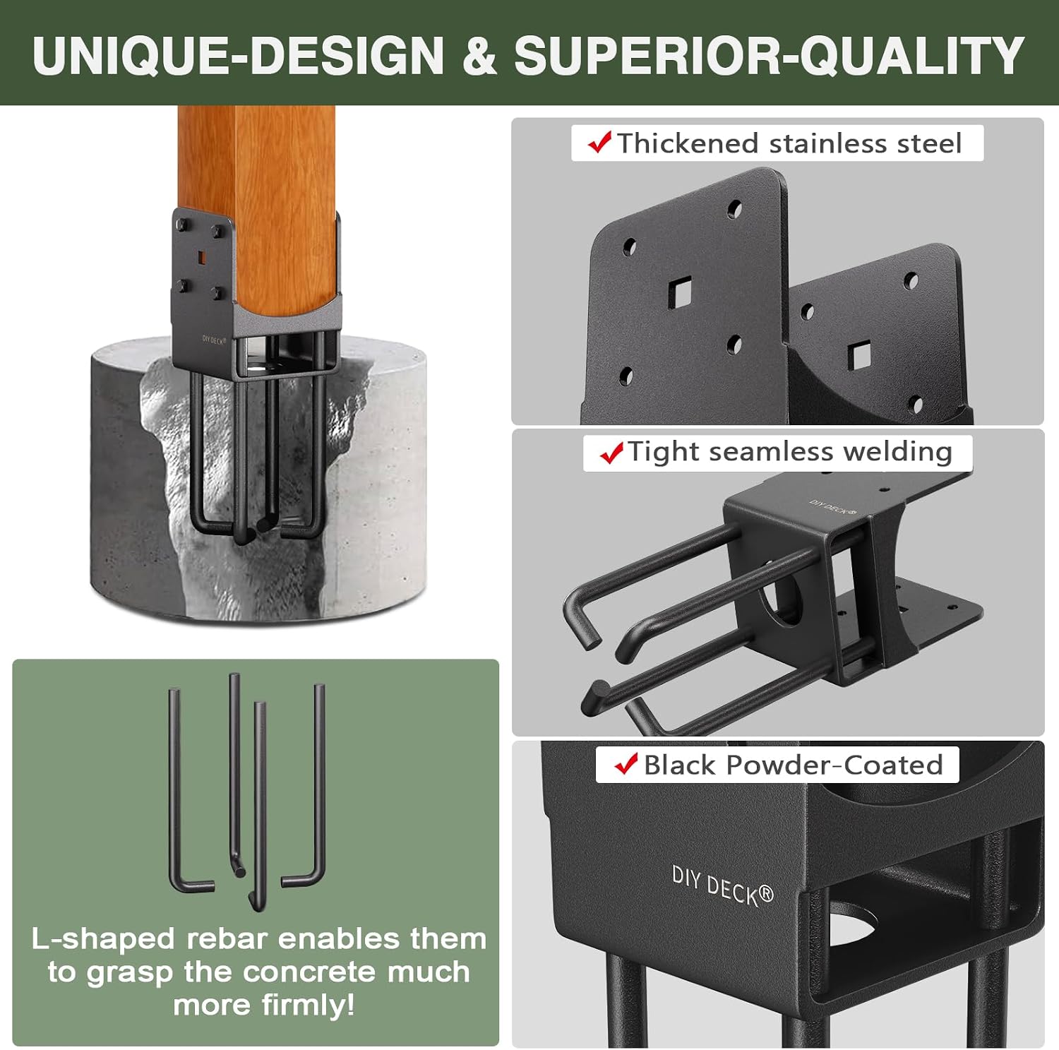 4Pack Heavy Duty Stainless Steels U-Shape Wet Concrete Fence Wood Post Holder 4'x4' (Actual 3.5 'x3.5) Base Anchor Bracket with Air Flow Channel for Terrace, Fences, Gazebo[Patent Pending]