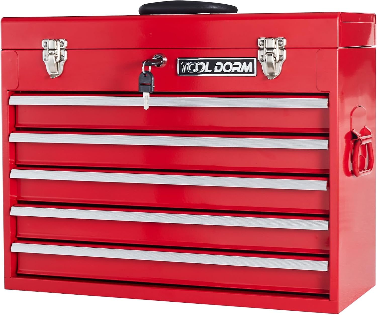 Metal Tool Box with 5 Drawers Portable Steel Tool Chest with Metal Cylinder Lock and Latch Closure, Liner, Red Powder coating, suitable for Garage, Warehouse and Outdoor Repair job