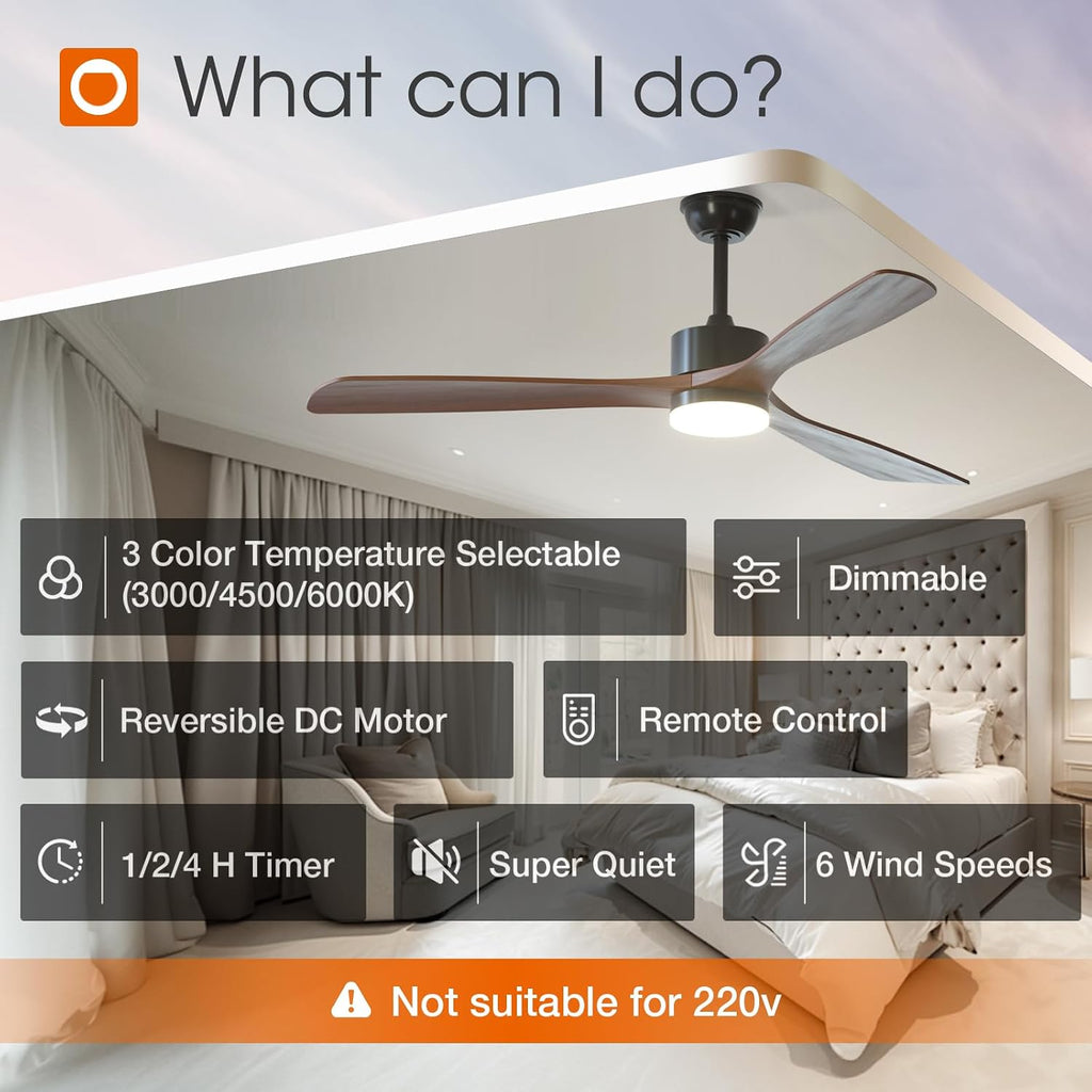 addlon 60 inch Ceiling Fans with Lights and Remote Control, Reversible, 3 Wood Blades, 6 Speeds, 3CCT Dimmable, Noiseless, Indoor/Outdoor Black Walnut Ceiling Fan for Bedroom Living Room Gazebo Patio