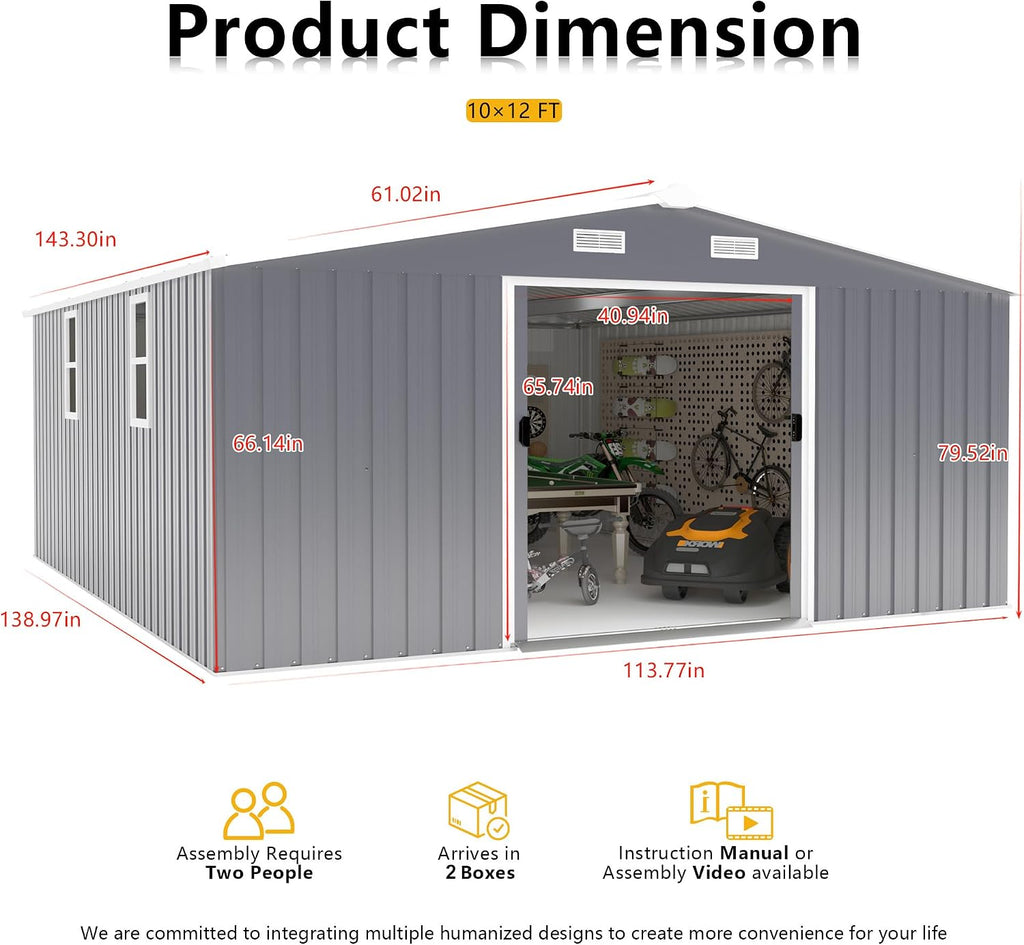 KEIKI 10' x 12' Metal Garden Storage Shed with Foundation Kit, Double Door Outdoor Tool Shed with 2 Windows, Color Steel Construction, Dark Gray