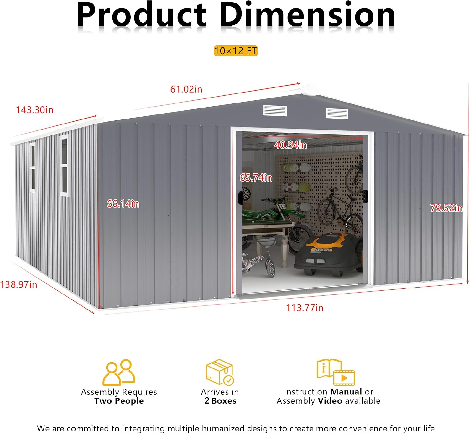 KEIKI 10' x 12' Metal Garden Storage Shed with Foundation Kit, Double Door Outdoor Tool Shed with 2 Windows, Color Steel Construction, Dark Gray
