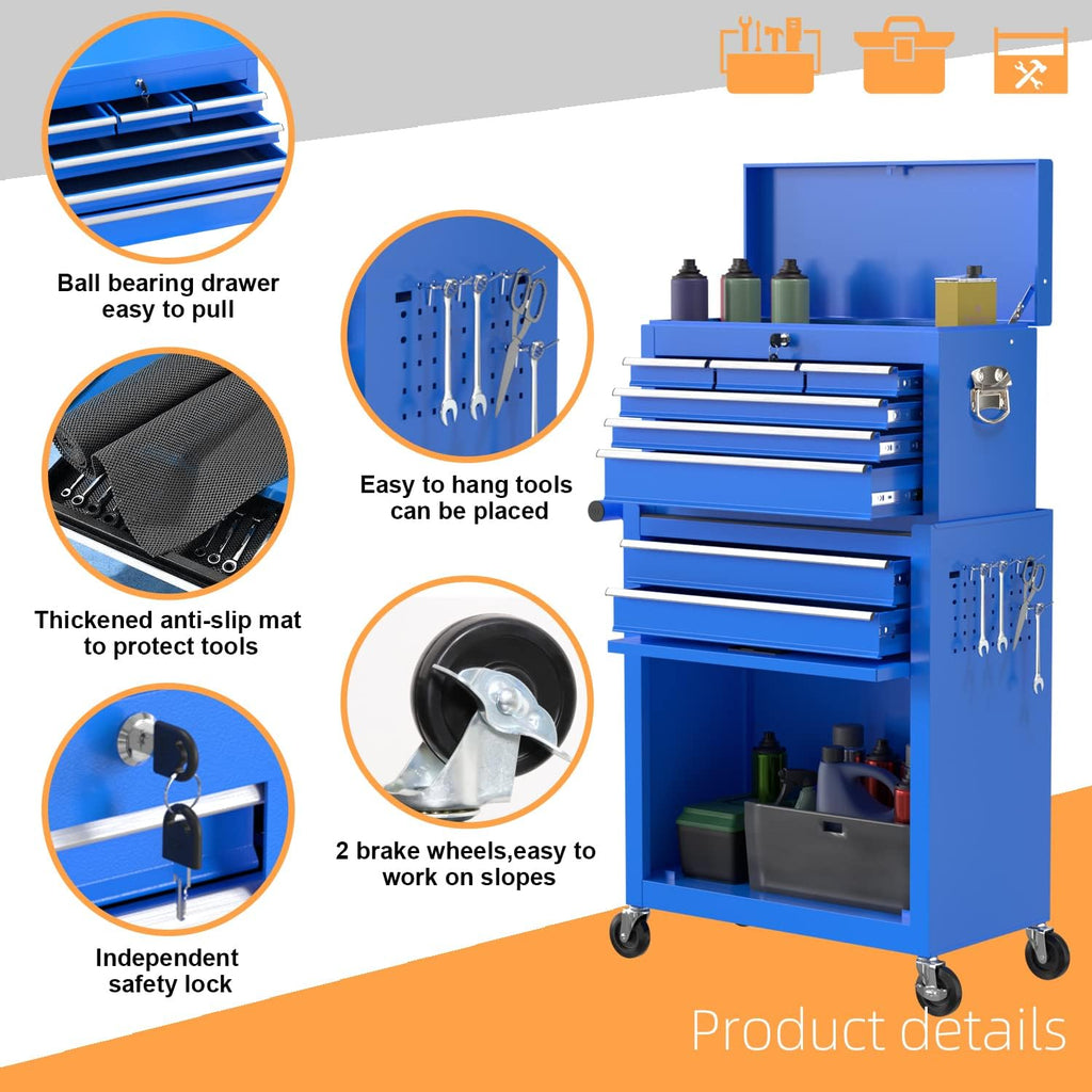 8-Drawer High Capacity Rolling Tool Chest, Removable Cabinet Storage Tool Box with Wheels and Drawers, Detachable Toolbox with Lock for Workshop Mechanics Garage