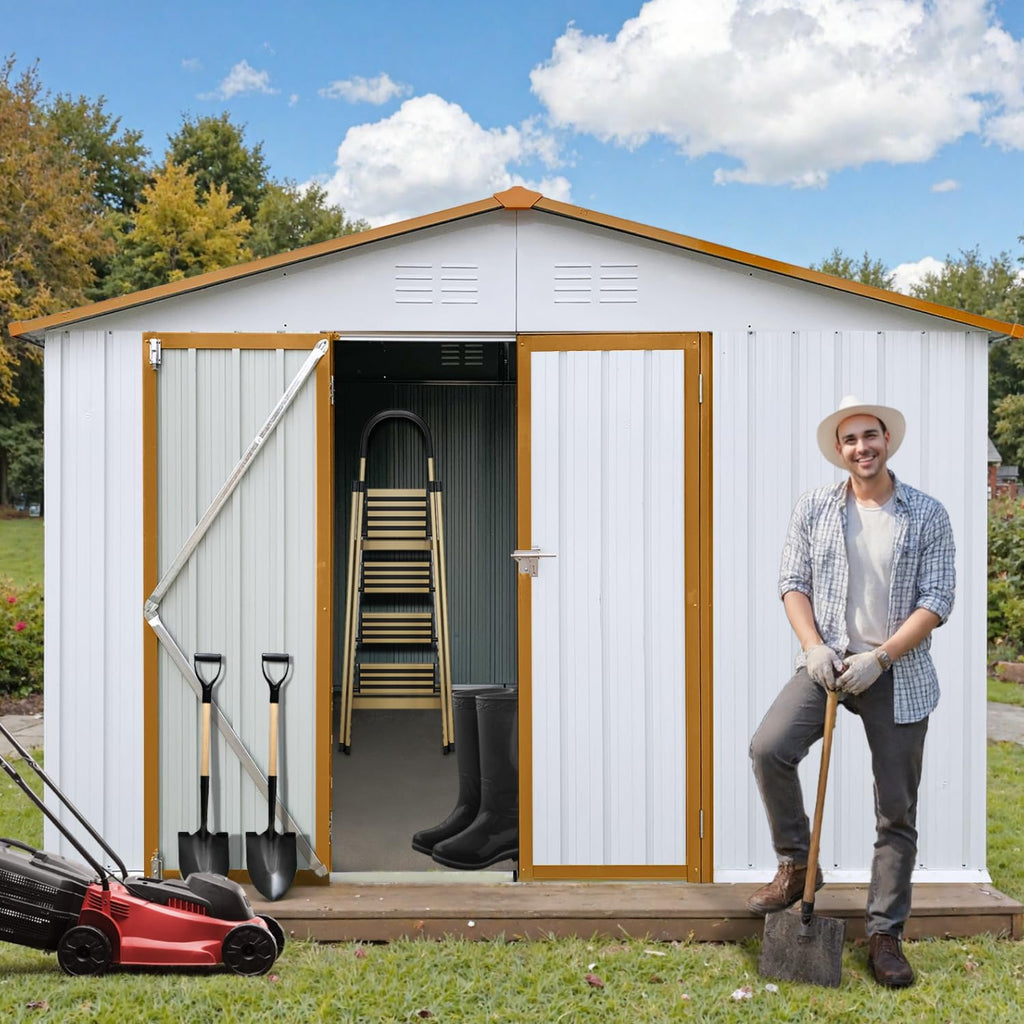 LINKHOO 10'x12' Metal Garden Shed, Outdoor Storage, White & Yellow
