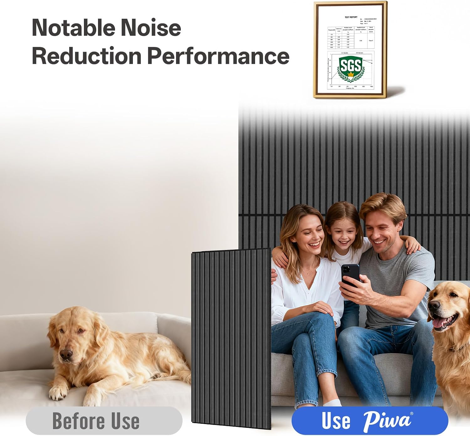 PIWA Acoustic Wall Panels 47' x 24' 4 Pack, Wood Panels for Wall Sound Dampening Slat Paneling with MDF Surface and Sound-Absorbing Core for Interior Decor, Home, Office and Gaming Room (Matte Black)