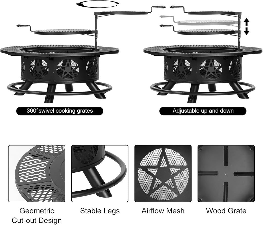 Outvue 42 Inch Fire Pit with 2 Grills, Extra Large Wood Burning Fire Pits for Outside with Lid & Poker, Heavy Duty Firepit,BBQ& Outdoor Fire Pit & Round Metal Table 3 in 1 for Patio, Picnic, Party