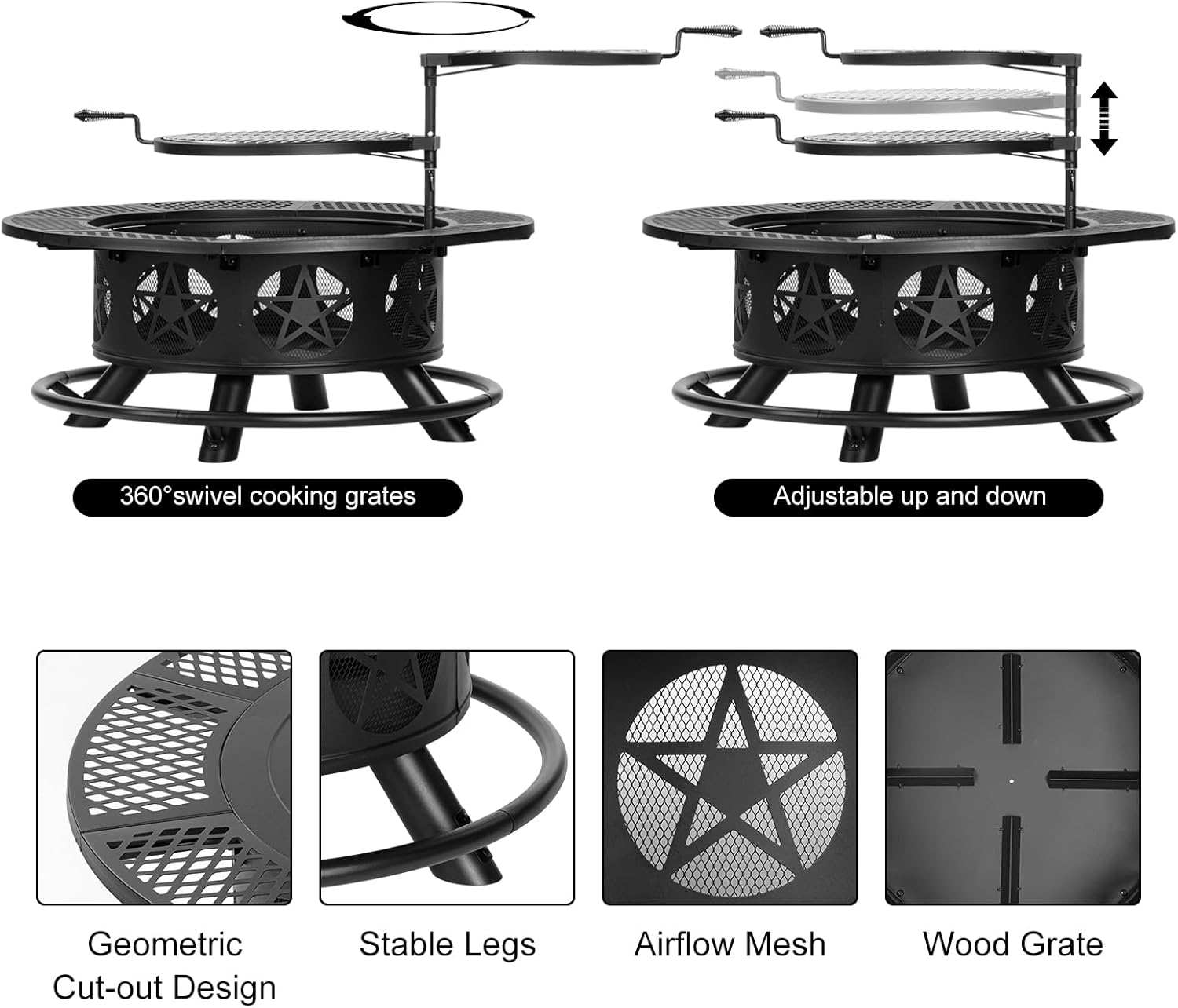Outvue 42 Inch Fire Pit with 2 Grills, Extra Large Wood Burning Fire Pits for Outside with Lid & Poker, Heavy Duty Firepit,BBQ& Outdoor Fire Pit & Round Metal Table 3 in 1 for Patio, Picnic, Party