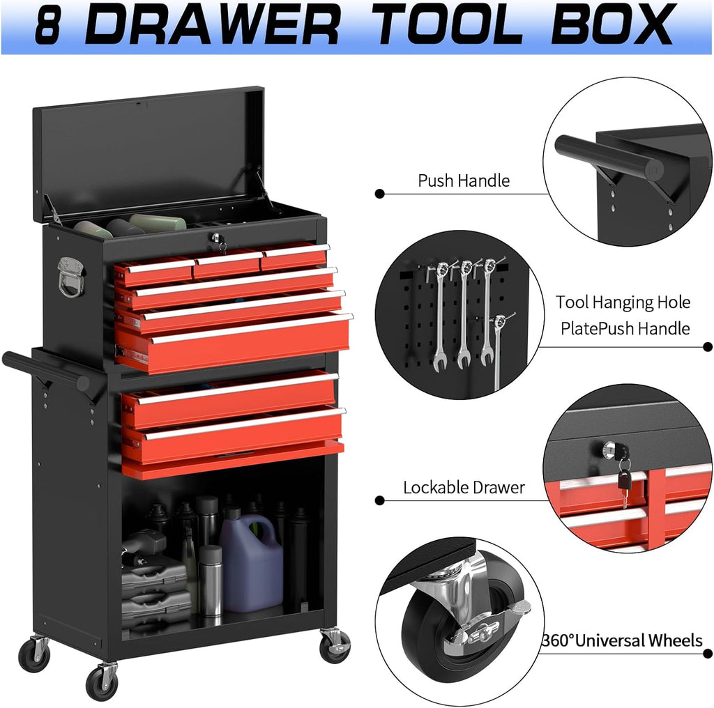8-Drawer Rolling Tool Chest Tool Box,Removable Tool Storage Cabinet with 4 Wheels and Drawers,2 in 1 Portable Toolbox Organizer, Tool Chest with Lockable Drawer Gifts for Men (BlackRed)