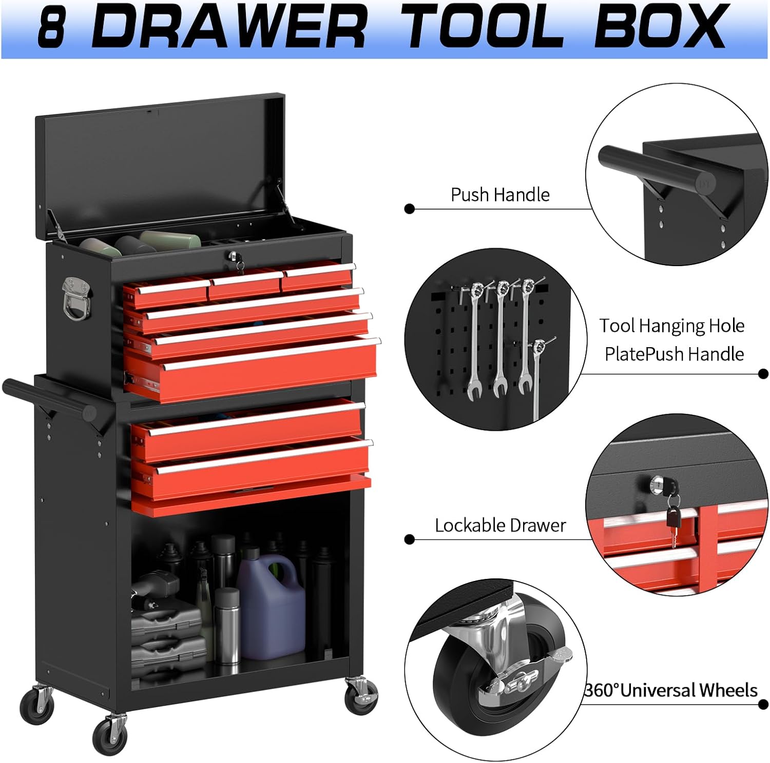 8-Drawer Rolling Tool Chest Tool Box,Removable Tool Storage Cabinet with 4 Wheels and Drawers,2 in 1 Portable Toolbox Organizer, Tool Chest with Lockable Drawer Gifts for Men (BlackRed)