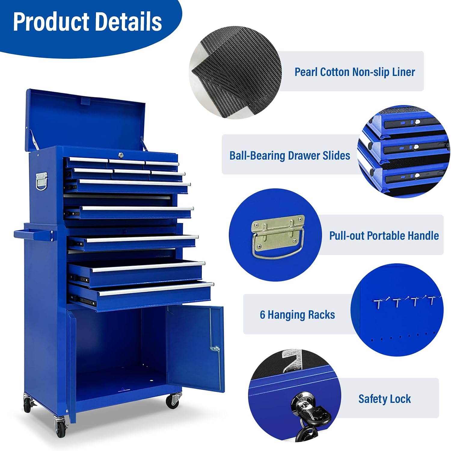 13 Drawers Tool Chest with Wheels, Rolling Tool Box with Drawers, Metal Tool Cabinet for Garage, Workshop(Blue)