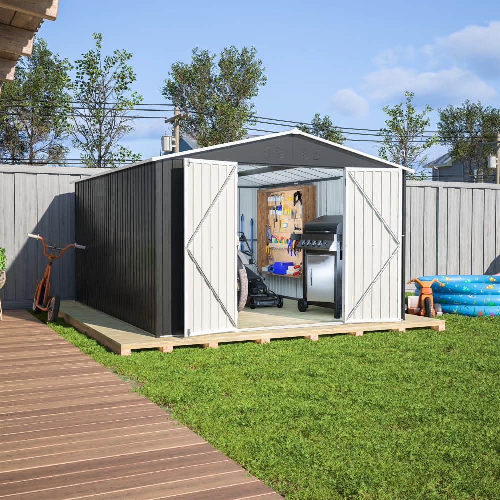 Large Outdoor Storage Shed 10x12 FT, Heavy-Duty Metal Garden Tool Organizer with Lockable Doors and Weather-Resistant Roof for Backyard (10x12 ft Grey)