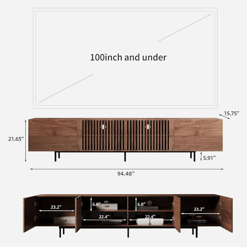 94.48' Mid-Century Modern TV Stand, Walnut Media Console with 4 Storage Cabinets, Entertainment Center for TVs up to 100 Inches, Ideal for Living Room or Bedroom