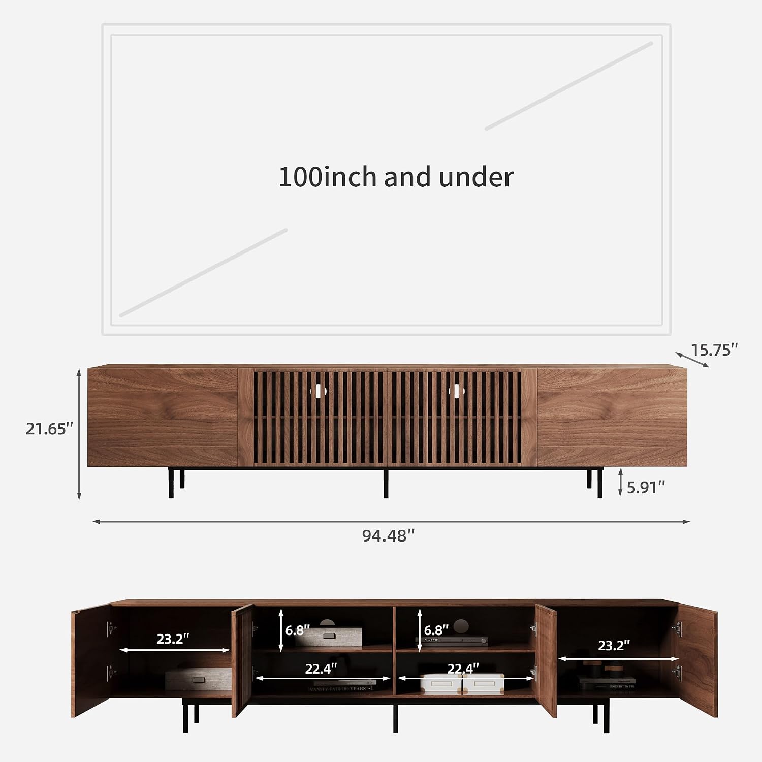 94.48' Mid-Century Modern TV Stand, Walnut Media Console with 4 Storage Cabinets, Entertainment Center for TVs up to 100 Inches, Ideal for Living Room or Bedroom