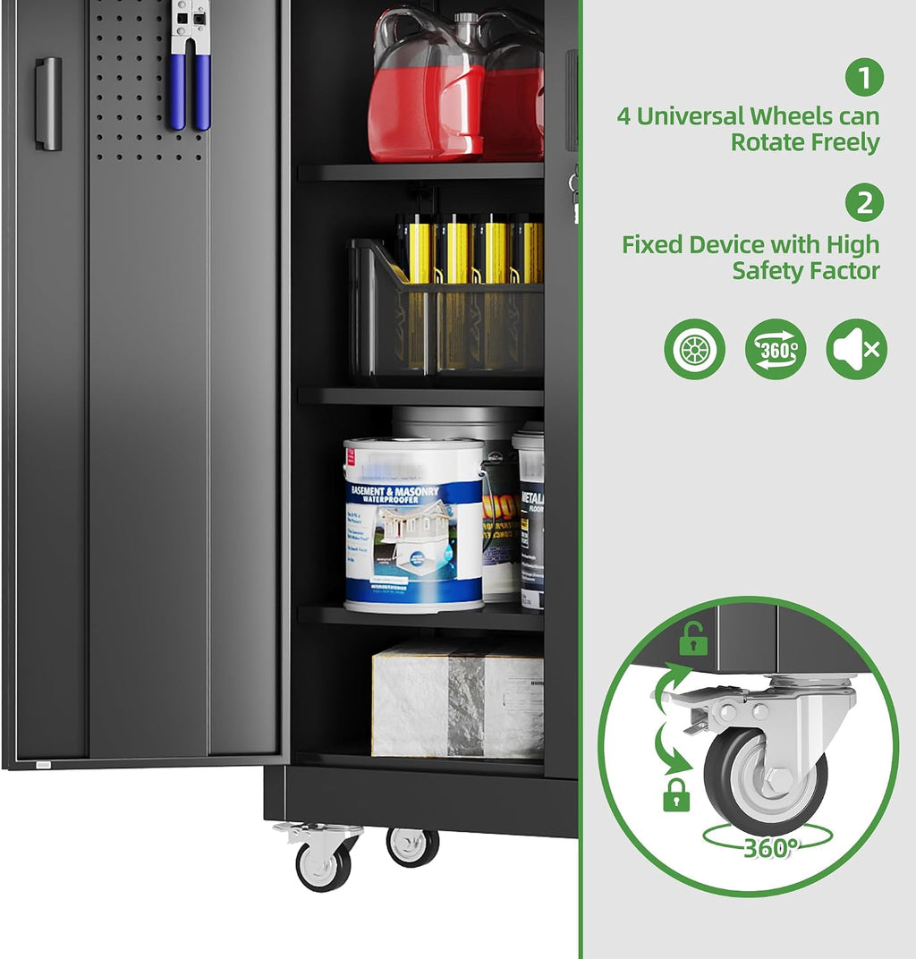Garage Storage Cabinet with Wheels and Pegboard, 71' H x 32' W x 16' D Lockable Metal Storage Cabinet with 5 Adjustable Shelves and 2 Doors for Garage Home, Assembly Required, Black