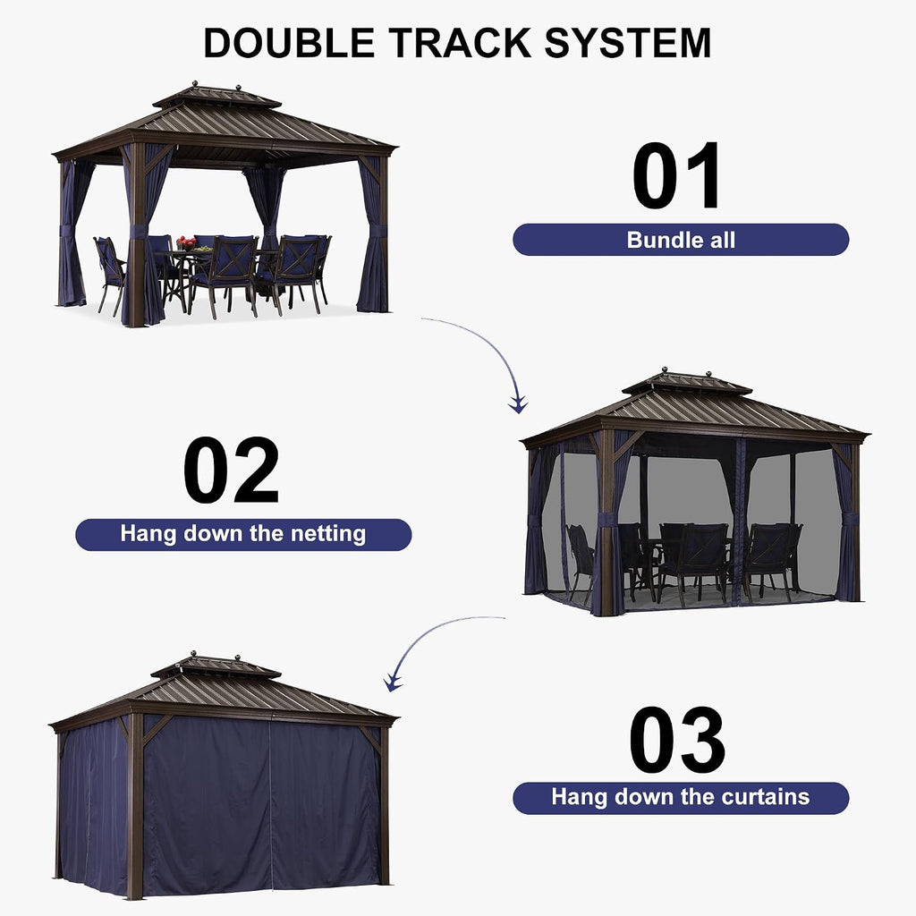 PURPLE LEAF 10' x 12' Hardtop Gazebo Outdoor Metal Roof Sun Shade Tent with Curtains and Netting Patio Canopy Permanent Pavilion
