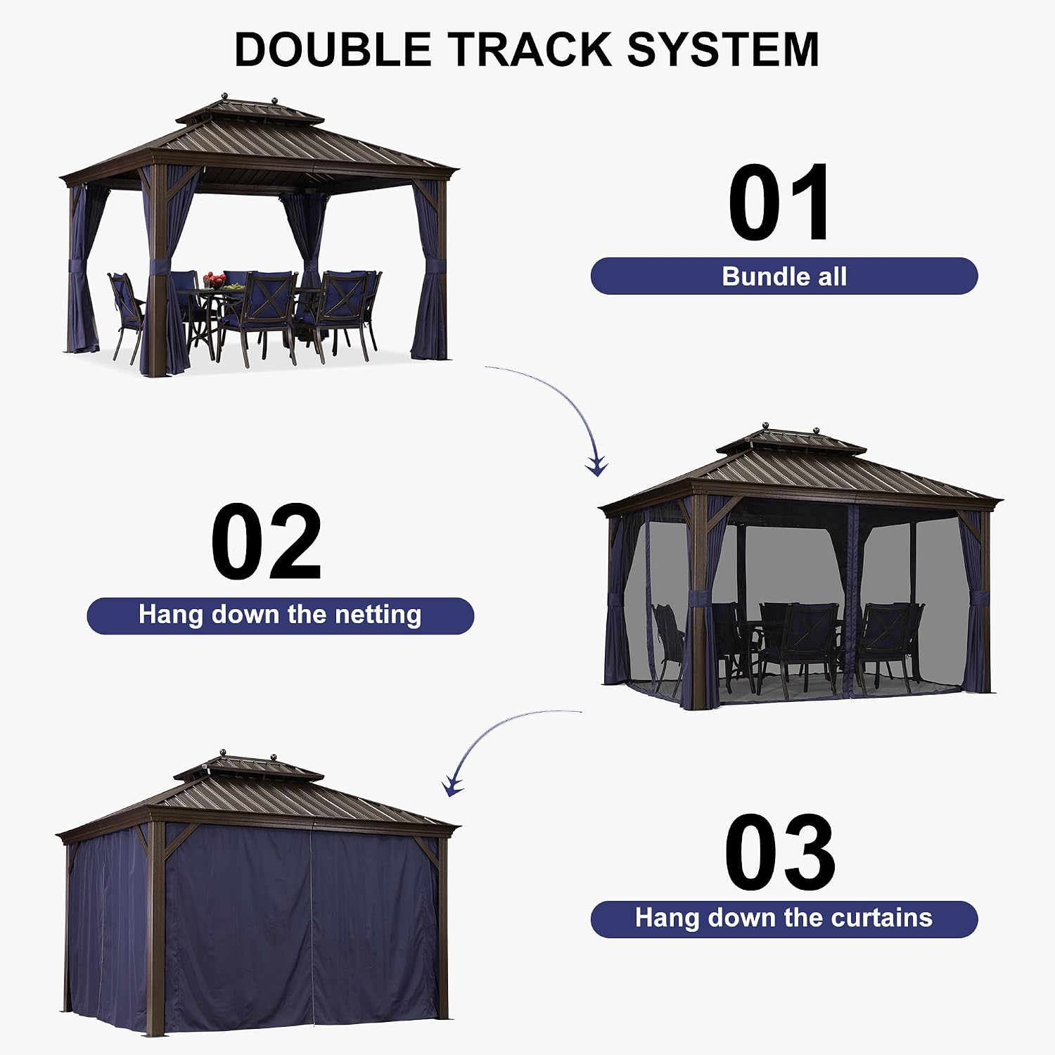 PURPLE LEAF 10' x 12' Hardtop Gazebo Outdoor Metal Roof Sun Shade Tent with Curtains and Netting Patio Canopy Permanent Pavilion