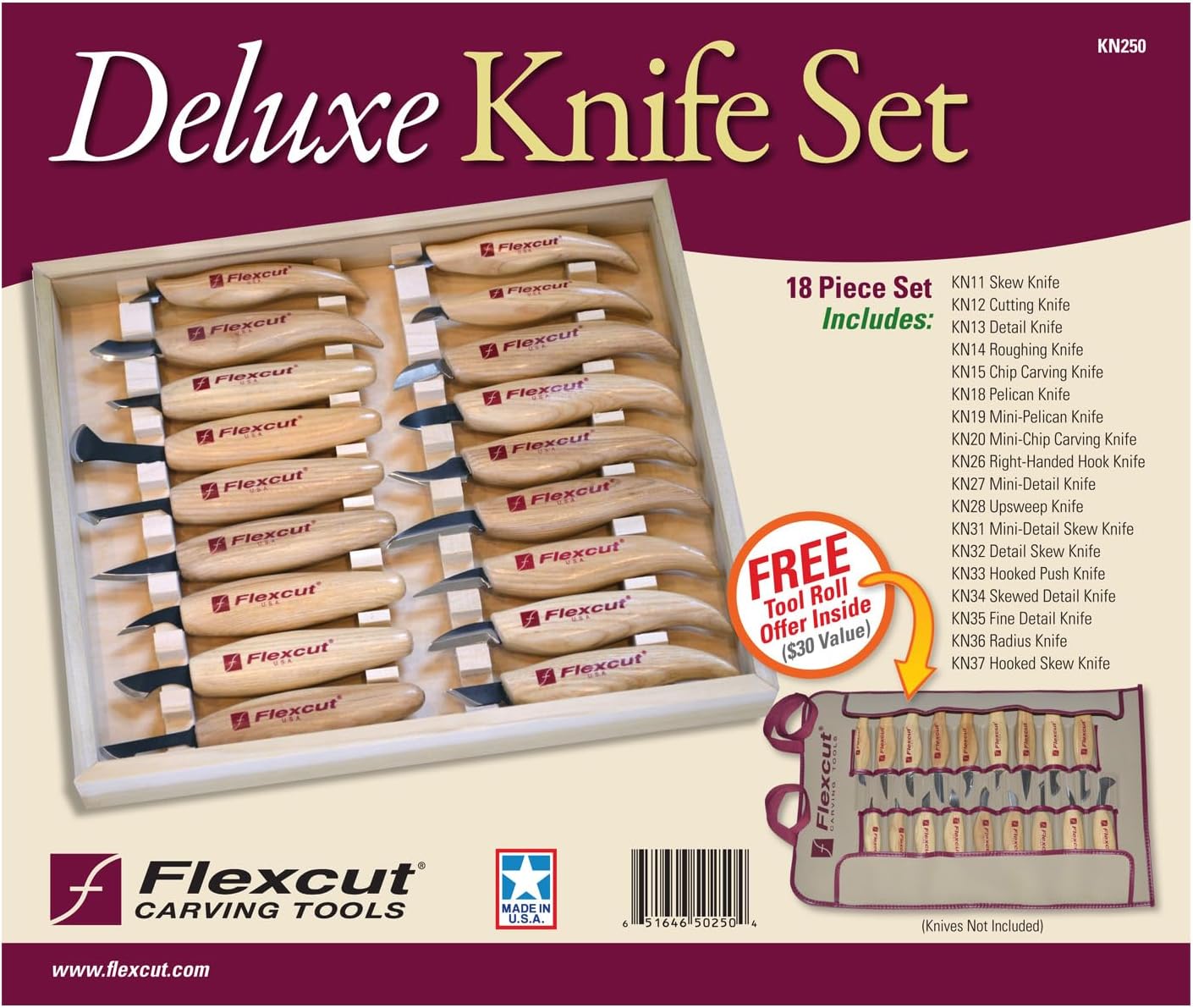 Flexcut Wood Carving Knives | Deluxe 18-Piece Knife Wood Carving Set | Razor-Sharp 1095 High Carbon Steel Blades | KN250 | Made in the U.S.A.