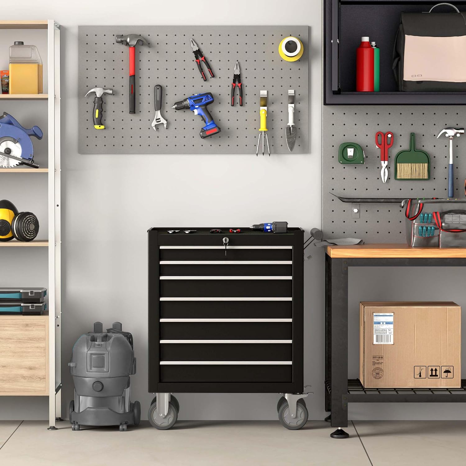 7-Drawer Tool Chest, Rolling Tool Box with Wheels, High Capacity Detachable Mobile Tool Storage Cabinet for Workshop, Garage, Mechanics and Repair Room (Black, 7-Drawer)