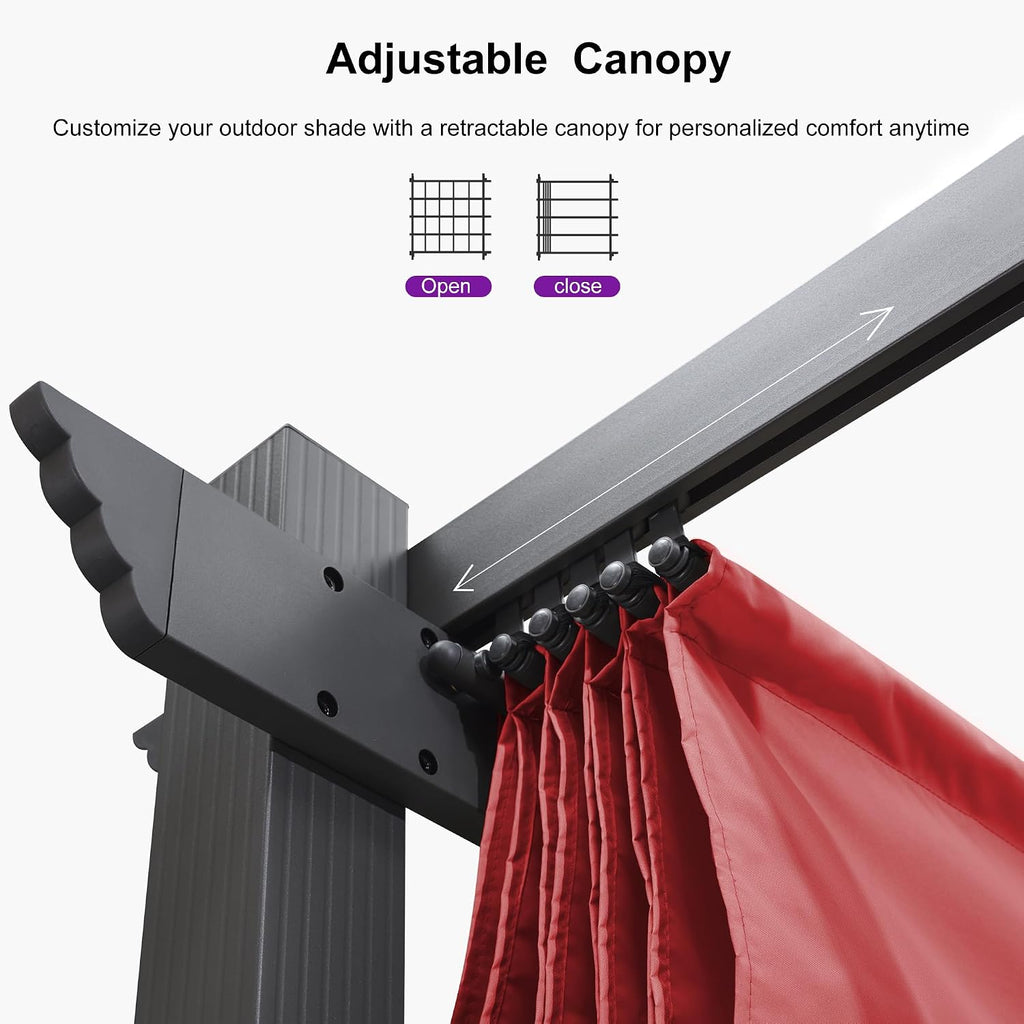 PURPLE LEAF 10' X 10' Outdoor Retractable Pergola with Sun Shade Canopy Patio Metal Shelter for Garden Porch Beach Pavilion Grill Gazebo Modern Yard Grape Trellis Pergola, Terra