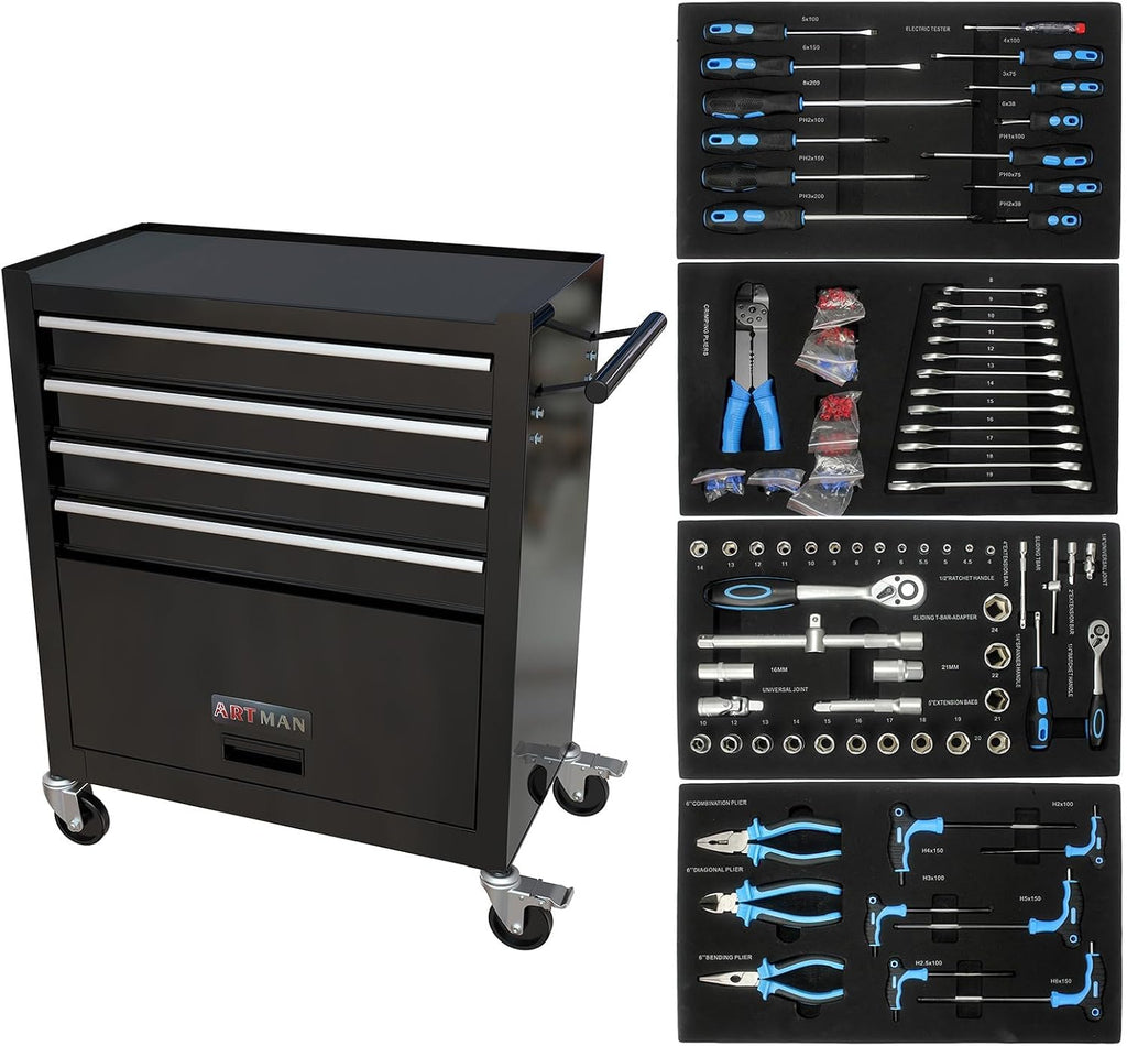233PCS 4 Drawers Rolling Tool Box with Tool Sets, Heavy Duty Steel Garage Storage Cabinet with Lockable Wheels, Mechanic Organizer for Home, Auto, Workshop, Warehouse, Black