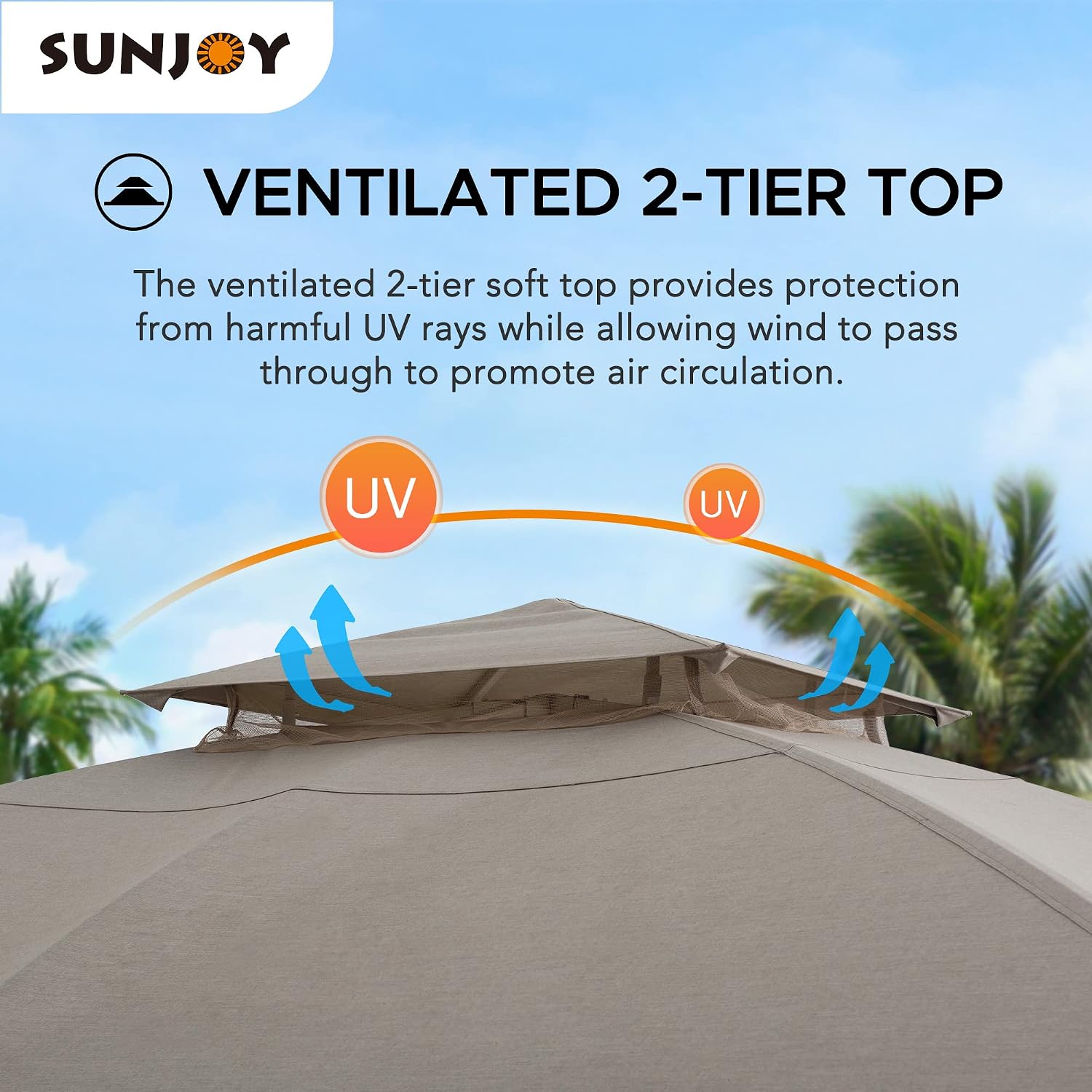 Sunjoy 11 ft. x 13 ft. Gazebo with Sunbrella Shade Fabric Canopy Roof, Outdoor Patio Steel Frame 2-Tier Soft Top Gazebo with All Aluminum Posts,5 Years Non-Fading Burlywood