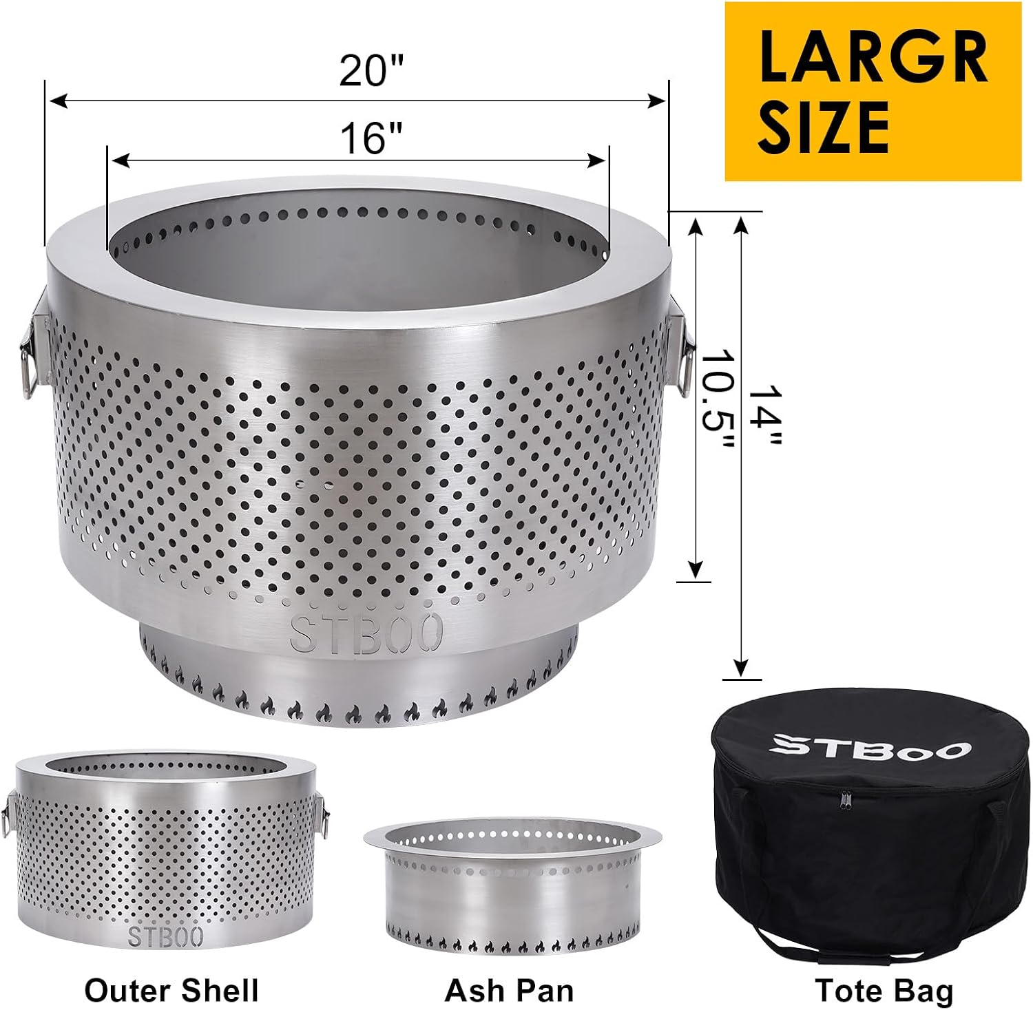 20Inch Large Firepit - Fire Pits for Outside with Portable Carrying Storage, Outdoor Fireplace for Camping Picnic Backyard Beach,Stainless, L