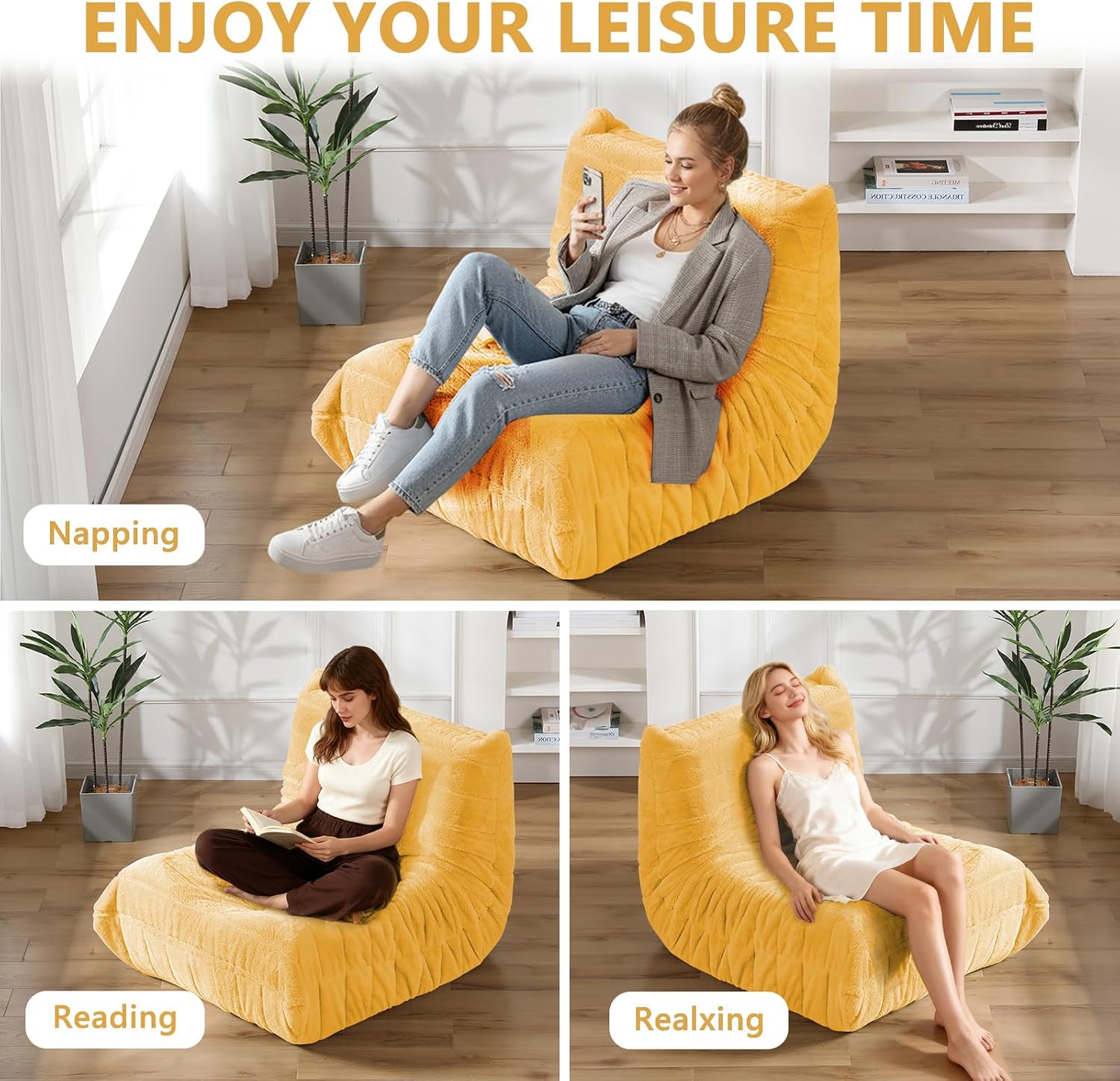 Bean Bag Chair for Adults, Giant Bean Bag Sofa Oversized Beanbag Chairs, Fireside Bean Bag Couch with High Density Sponge Filled Large Bean Bags Chair for Apartment Living Room Bedroom, Yellow