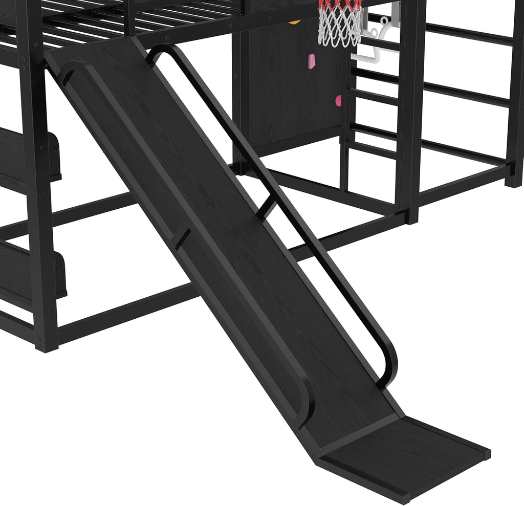 SOFTSEA Twin Size Metal Loft Bed with Slide, Heavy Duty Bunk Bed with Basketball Hoop, Climbing Wall & Pull Up Rings for Kids Teens Adults, Basketball Slide Bed, No Noise, Black