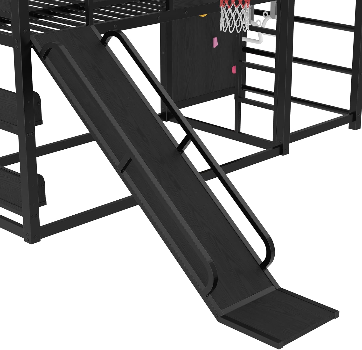 SOFTSEA Twin Size Metal Loft Bed with Slide, Heavy Duty Bunk Bed with Basketball Hoop, Climbing Wall & Pull Up Rings for Kids Teens Adults, Basketball Slide Bed, No Noise, Black