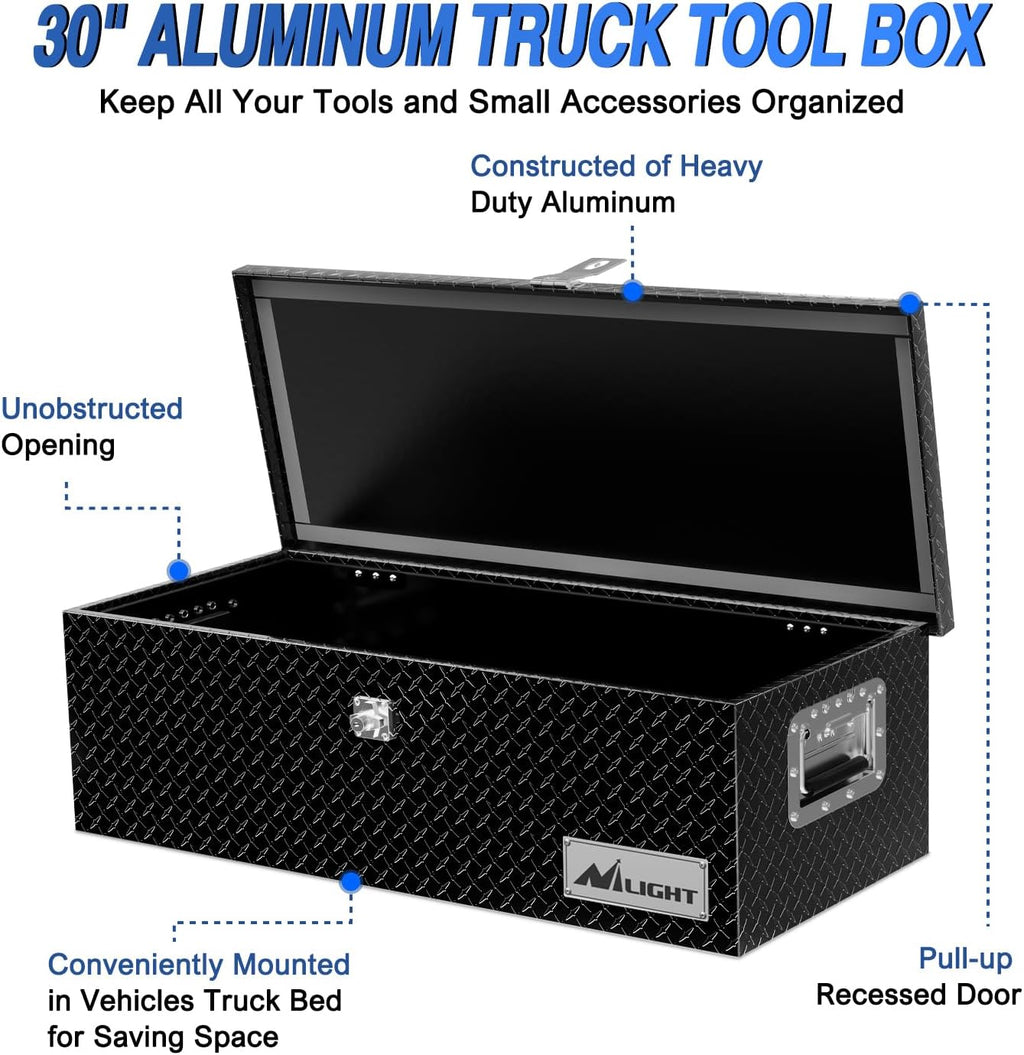 Nilight 30 Inch Truck Tool Box Heavy Duty Aluminum Diamond Plate Truck Bed Toolboxes 30''X13''X9.6'' Waterproof Pick-Up Storage Tool Boxes for Bed of Truck RV Trailer with Side Handle Lock Keys, Black