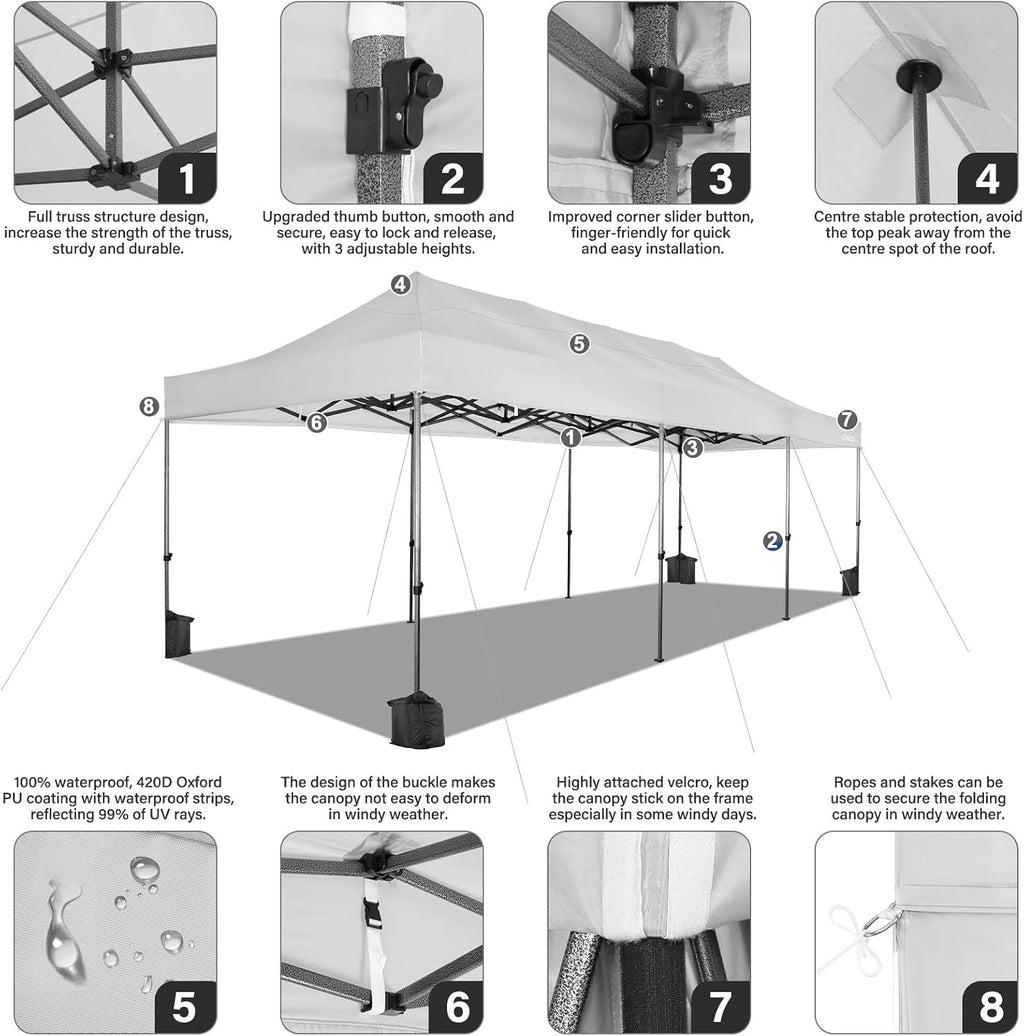 COBIZI 10x30 Heavy Duty Pop Up Canopy Tent with 8 Sidewalls Thicken Frame, Commercial Easy Up Outdoor Wedding Party Tents, All Season Waterproof Windproof with Stakes Sandbags Ropes Roller Bag, Cream