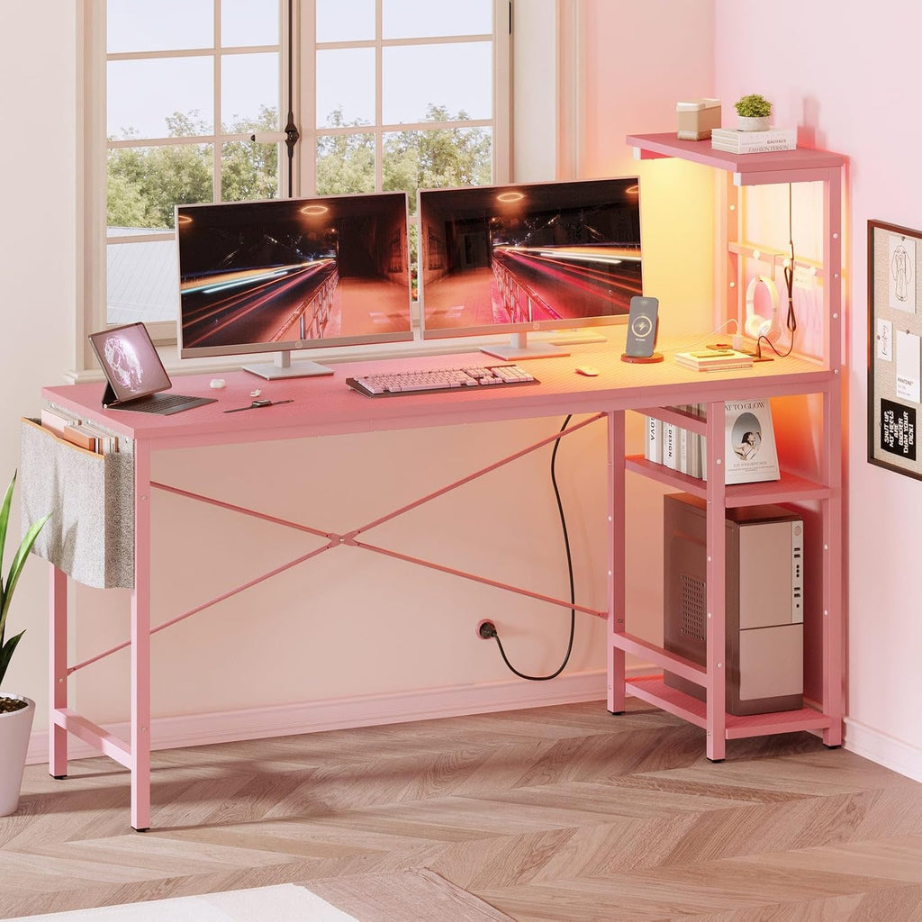 Bestier Gaming Desk with Power Outlets, 61 Inch Large Led Gamer Desk with 4 Tiers Reversible Shelves, PC Gaming Table with Headset Hook & Side Storage Bag for Bedroom (Pink 3D Carbon Fiber)