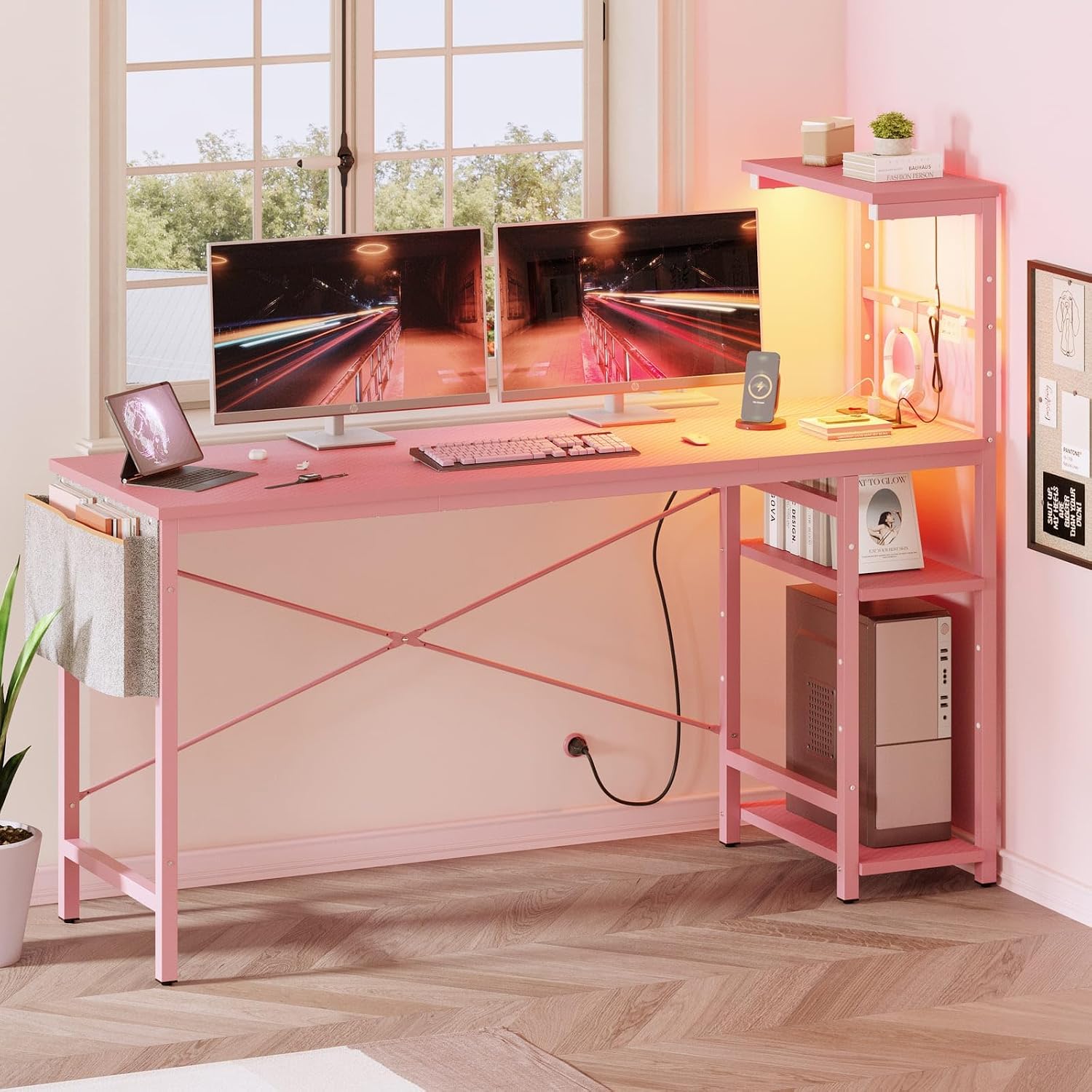 Bestier Gaming Desk with Power Outlets, 61 Inch Large Led Gamer Desk with 4 Tiers Reversible Shelves, PC Gaming Table with Headset Hook & Side Storage Bag for Bedroom (Pink 3D Carbon Fiber)