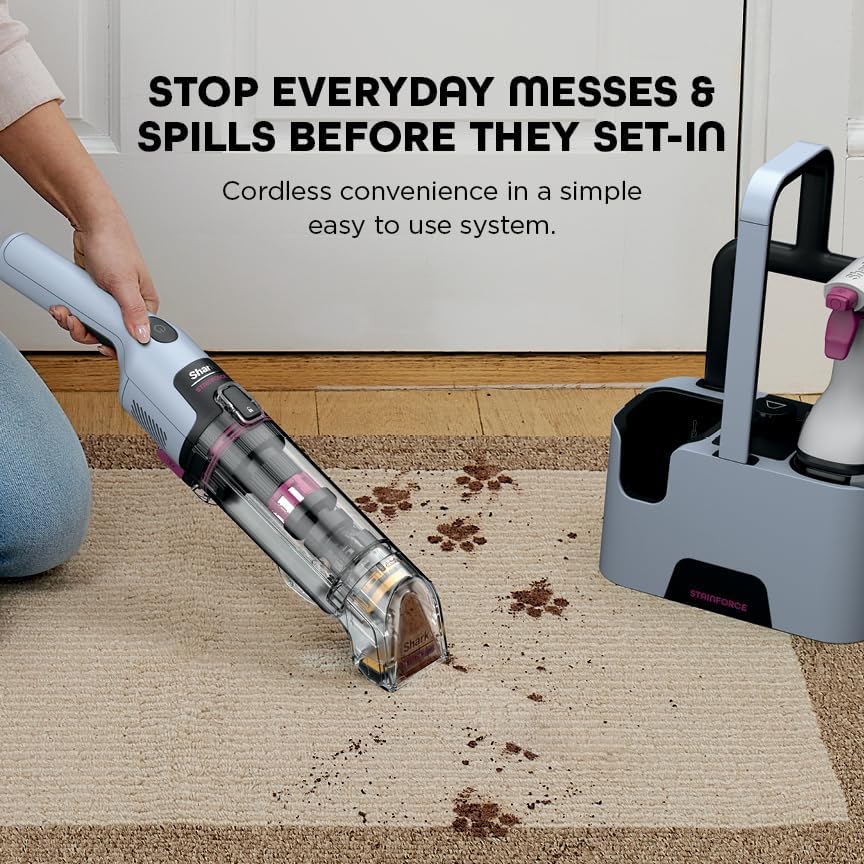 Shark StainForce Cordless Portable Spot, Stain, & Odor Remover System, 5' tool, Storage Tray & Extra Filter for Carpets, Area Rugs, Upholstery, Stairs, Cars, Cleaning Solution, Glacier Blue, HX102BRN