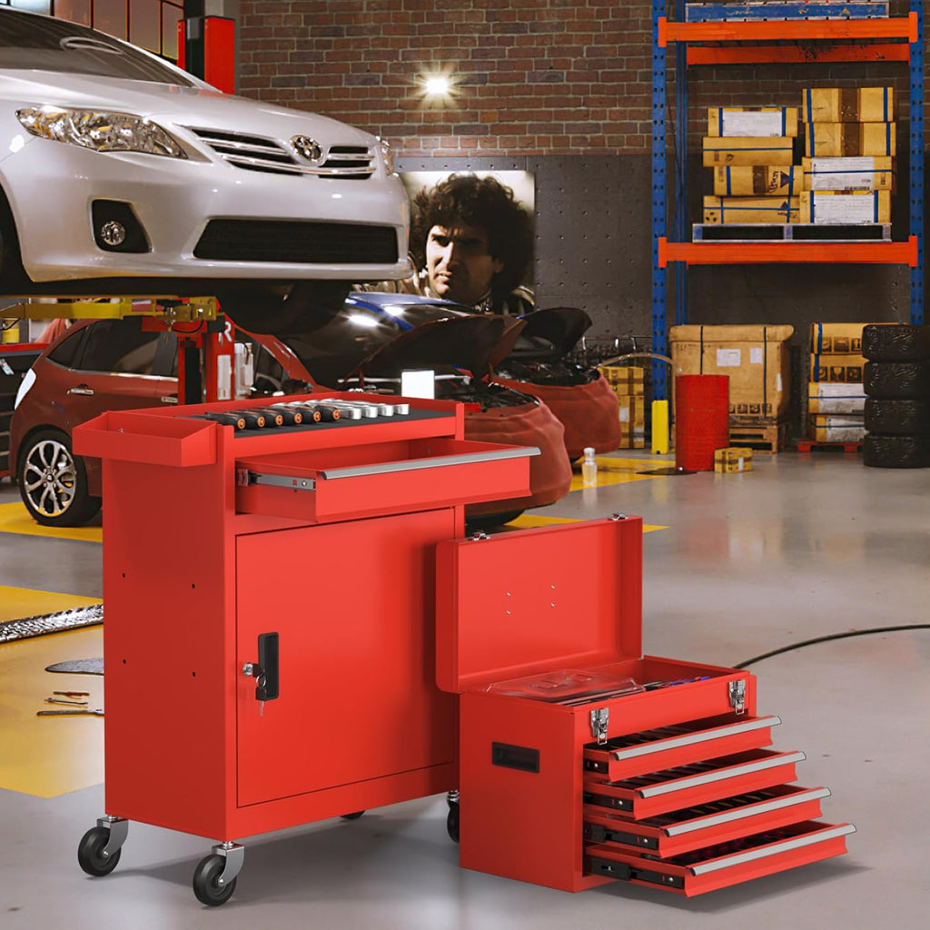 5-Drawers Tool Chest, 2-in-1 Rolling Tool Box with Wheels and Drawers, Detachable Storage Toolbox with Lock, Heavy-Duty Metal Tool Cart for Garage, Workshop (Red)