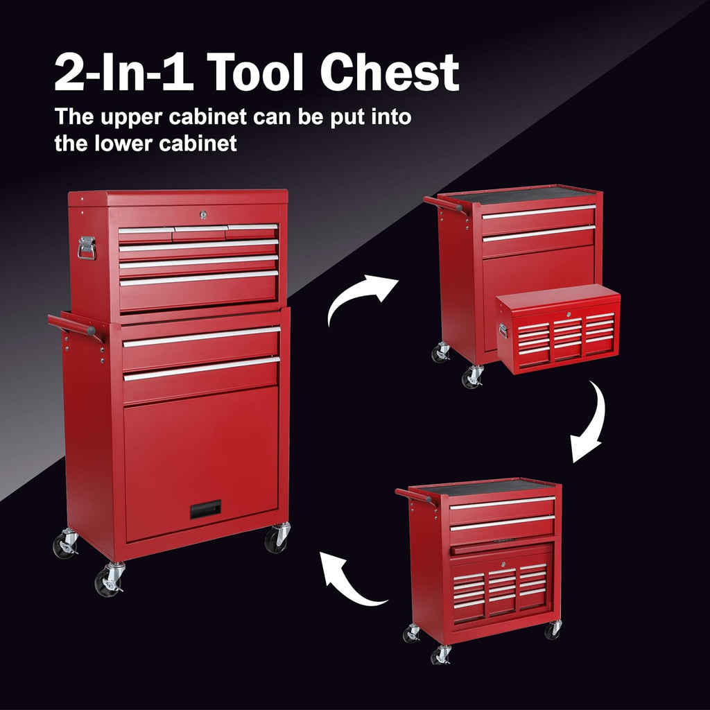 Tool Chest, 8-Drawer Rolling Tool Storage Cabinet with 2 in 1 Detachable Top Tool Box, Liner, Lockable Wheels, Side Hooks, Locking Mechanism, Metal Tool Cart for Garage