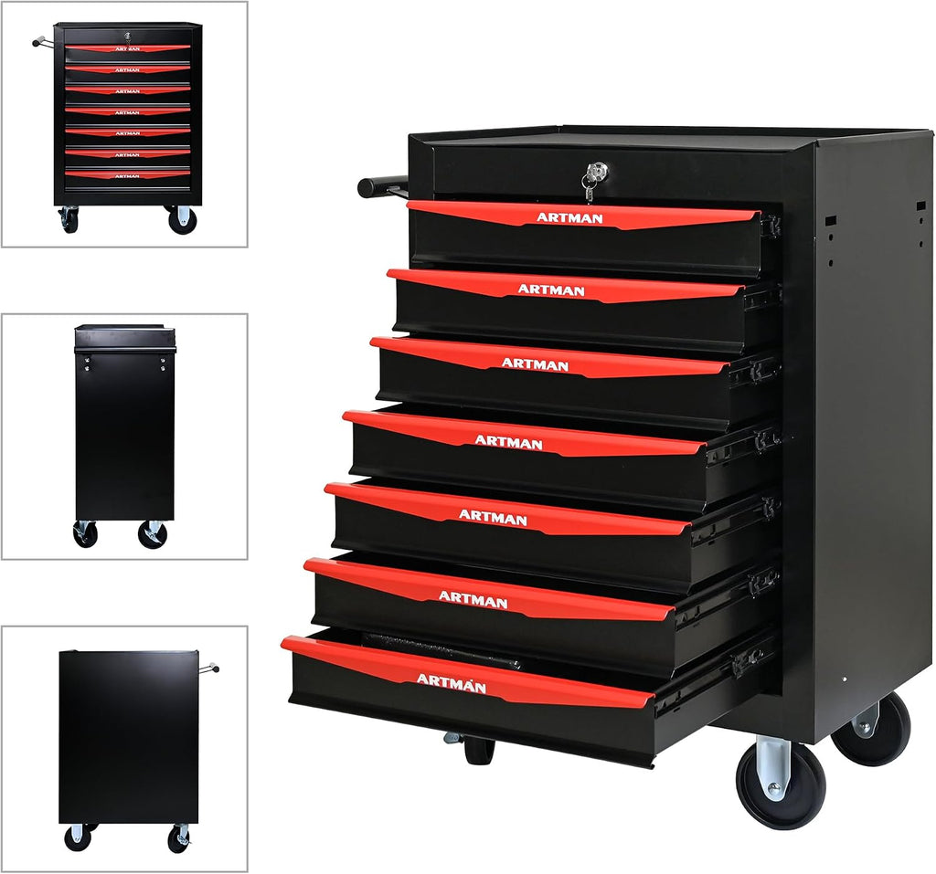 7 Drawers Tool Cart on Wheels, Multifunctional Rolling Tool Chest, Drawers Mobile Trolley Organizer Heavy Duty Tools Box with Locking Wheels & Ball Bearing Drawers (Black, 7 Drawers)