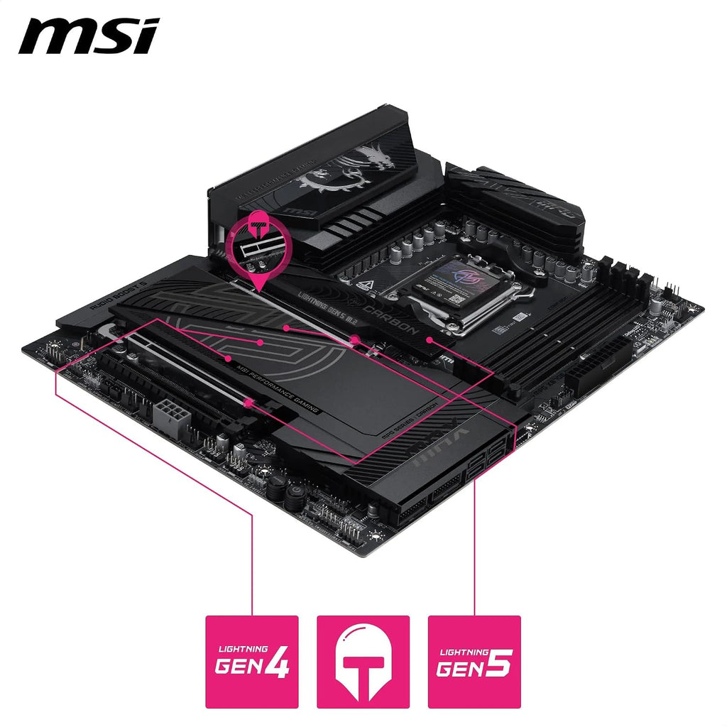 MSI MPG X870E Carbon MAX WiFi Motherboard, ATX - Supports AMD Ryzen 9000/8000 / 7000 Processors, AM5-64MB BIOS ROM, 110A SPS VRM, DDR5 Memory Boost 8400+MT/s (OC), PCIe 5.0 x16, M.2 Gen5