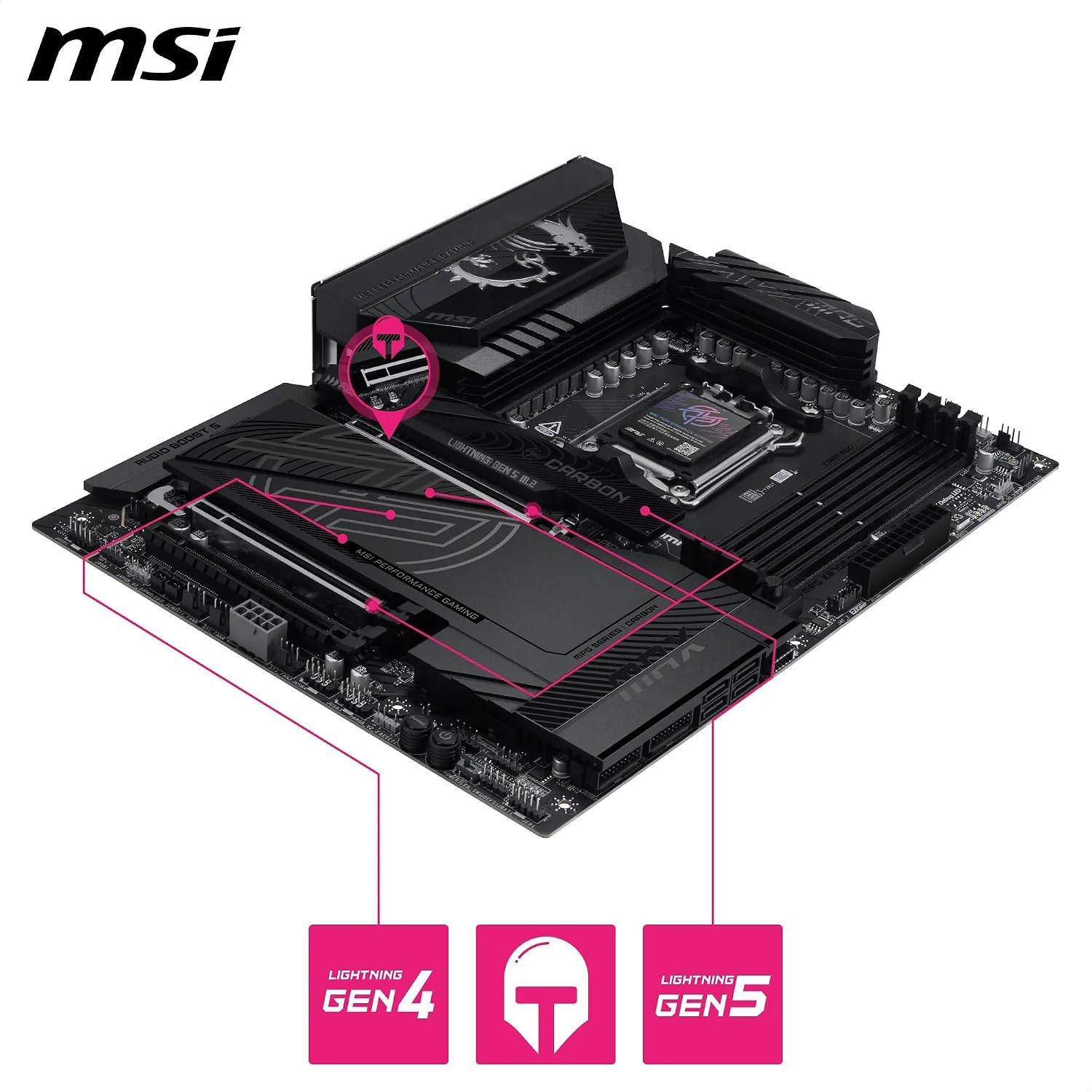 MSI MPG X870E Carbon MAX WiFi Motherboard, ATX - Supports AMD Ryzen 9000/8000 / 7000 Processors, AM5-64MB BIOS ROM, 110A SPS VRM, DDR5 Memory Boost 8400+MT/s (OC), PCIe 5.0 x16, M.2 Gen5