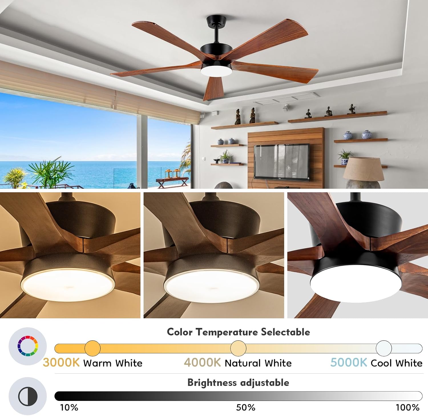 60 Inch Outdoor Ceiling Fans with Light, Rustic Farmhouse Solid Wood Ceiling Fan with Light Quiet Large Airflow DC Motor, Damp Rated Indoor Exterior Ceiling Fan for Patios Porch Gazebo Bedroom Office