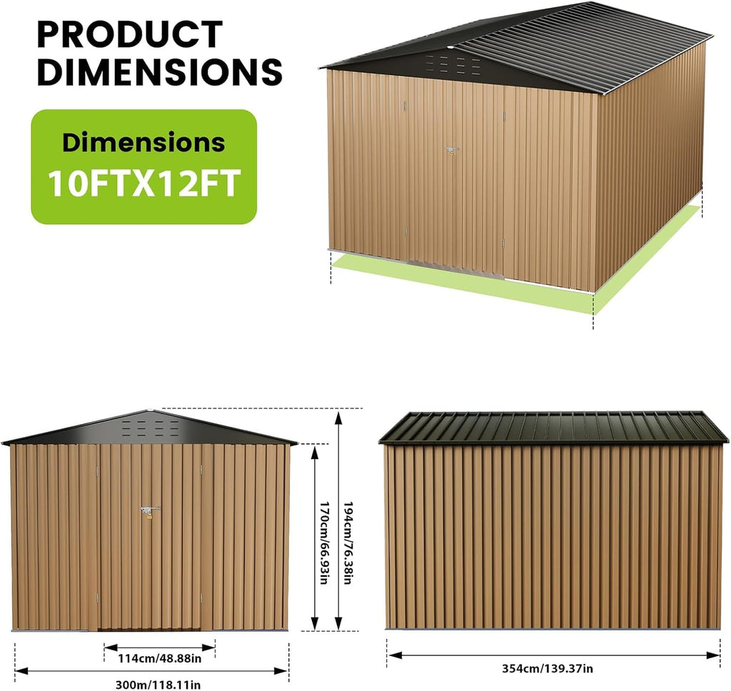10 x 12 FT Outdoor Metal Storage Shed, Steel Yard Shed with Lockable Doors,Extra Large Utility and Tool Storage for Garden, Backyard, Patio, Outside Use